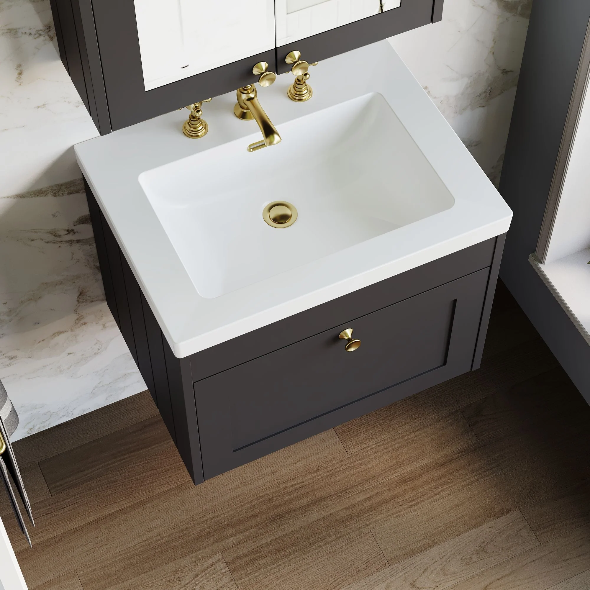 Farlow Shaker Wall Mounted 600mm 1-Drawer Basin Vanity Unit - Satin Soft Black - Image 10