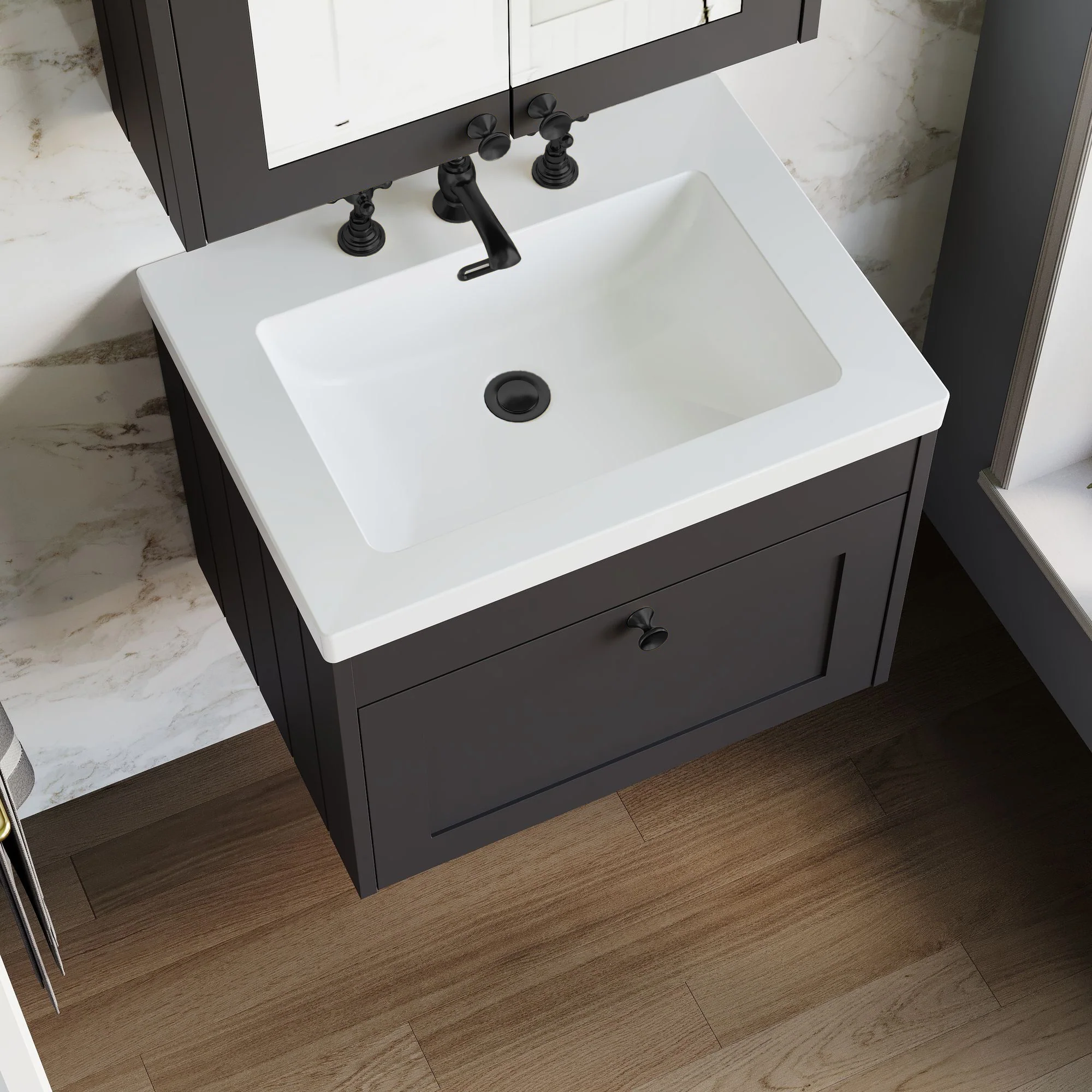 Farlow Shaker Wall Mounted 600mm 1-Drawer Basin Vanity Unit - Satin Soft Black - Image 11