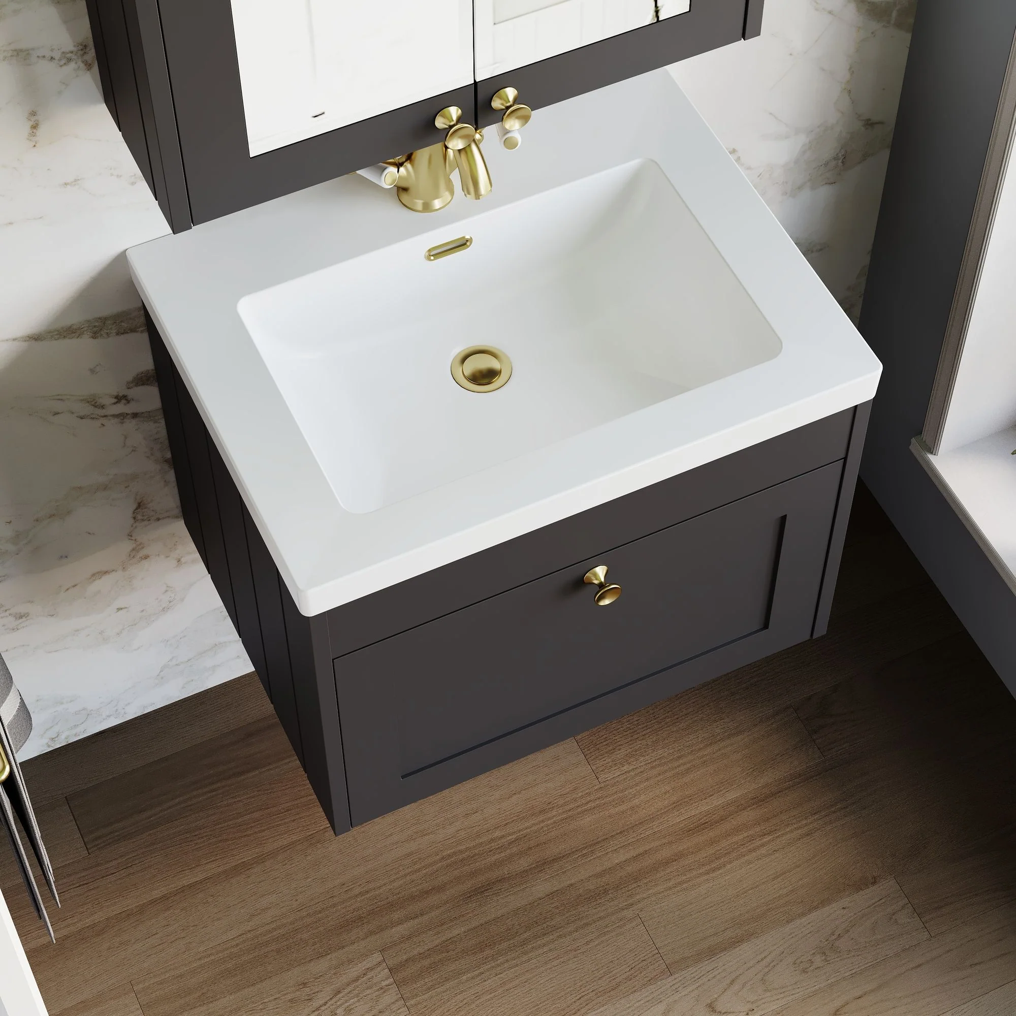 Farlow Shaker Wall Mounted 600mm 1-Drawer Basin Vanity Unit - Satin Soft Black - Image 16