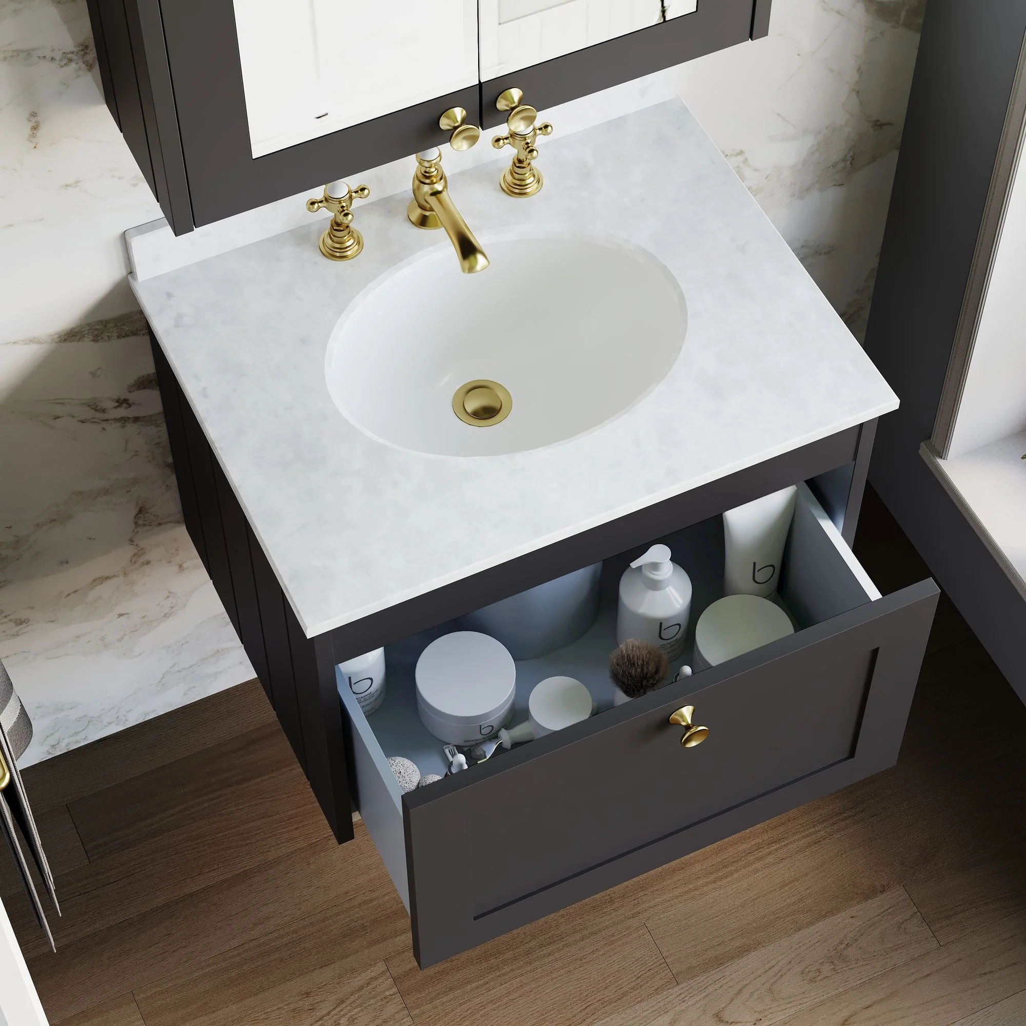 Farlow Shaker Wall Mounted 600mm 1-Drawer Basin Vanity Unit - Satin Soft Black - Image 25