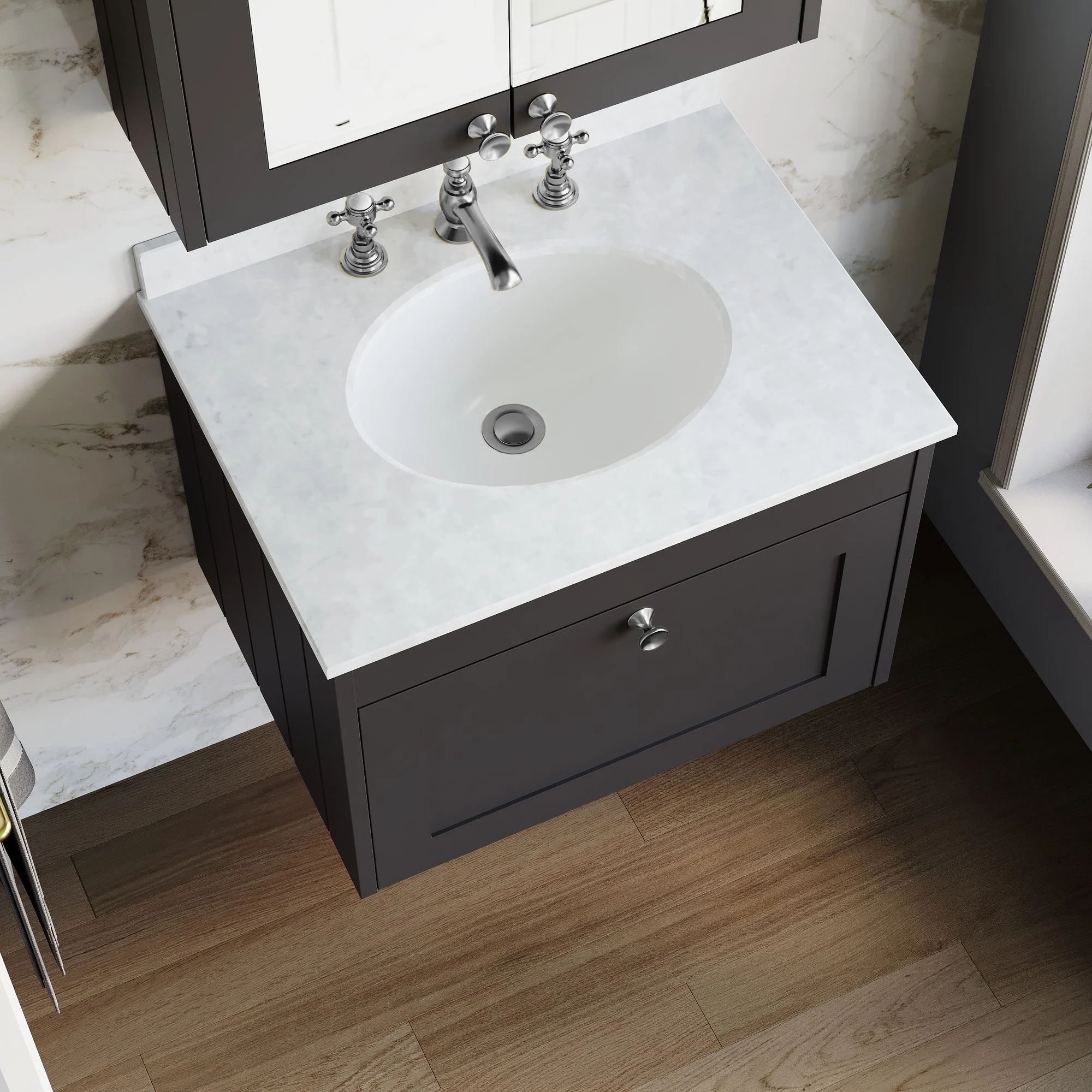 Farlow Shaker Wall Mounted 600mm 1-Drawer Basin Vanity Unit - Satin Soft Black - Image 30