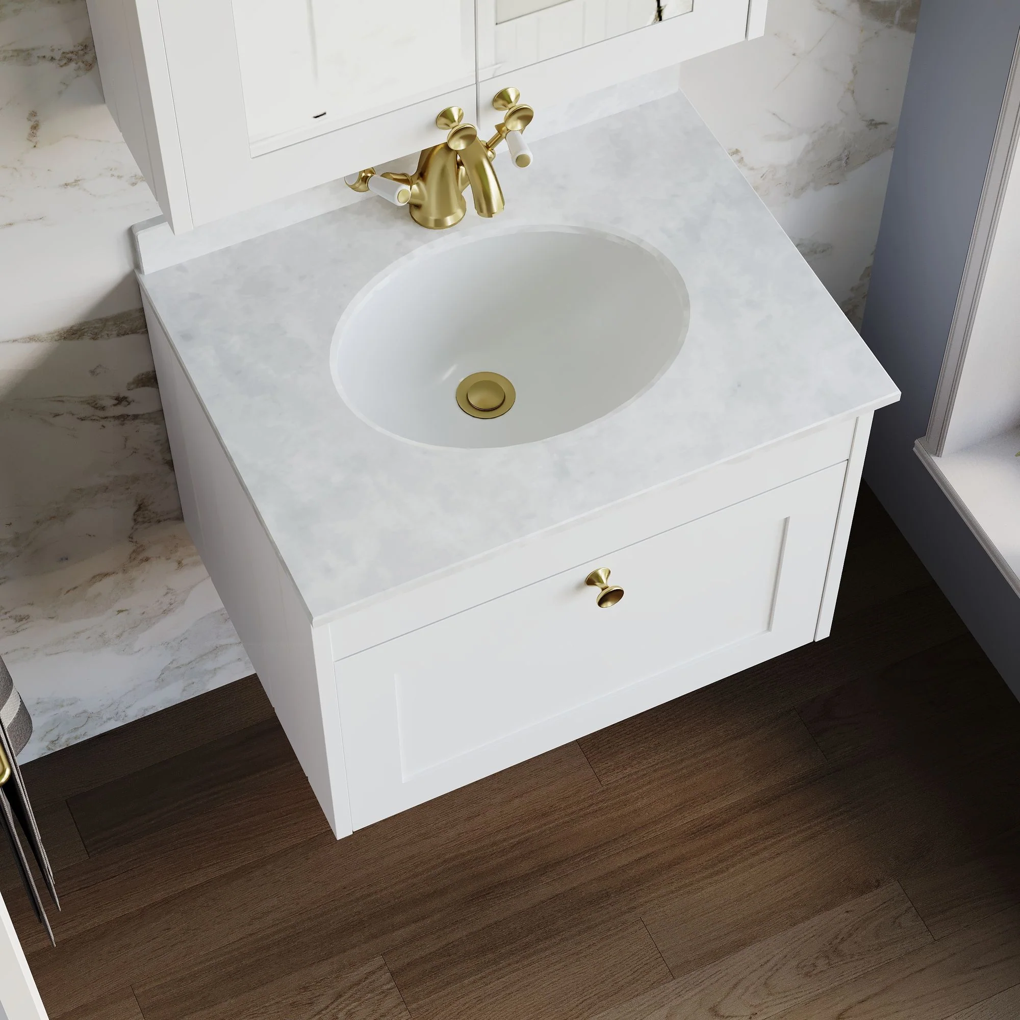 Farlow Shaker Wall Mounted 600mm 1-Drawer Basin Vanity Unit - Satin White - Image 17