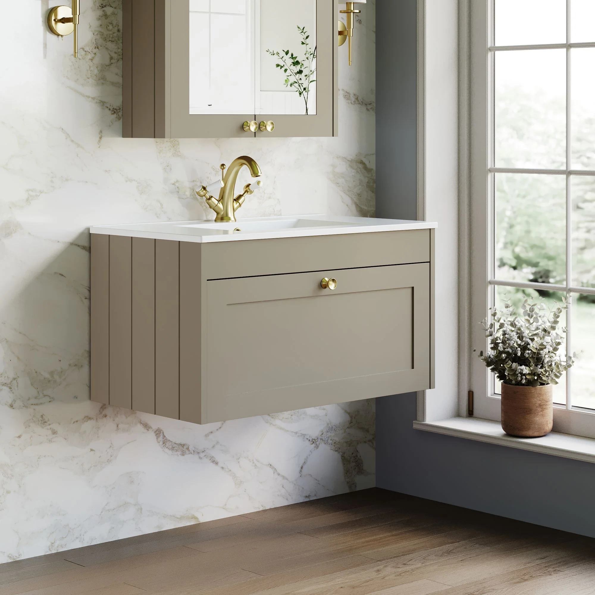 Farlow Shaker Wall Mounted 800mm 1-Drawer Basin Vanity Unit - Pebble Grey - Image 2