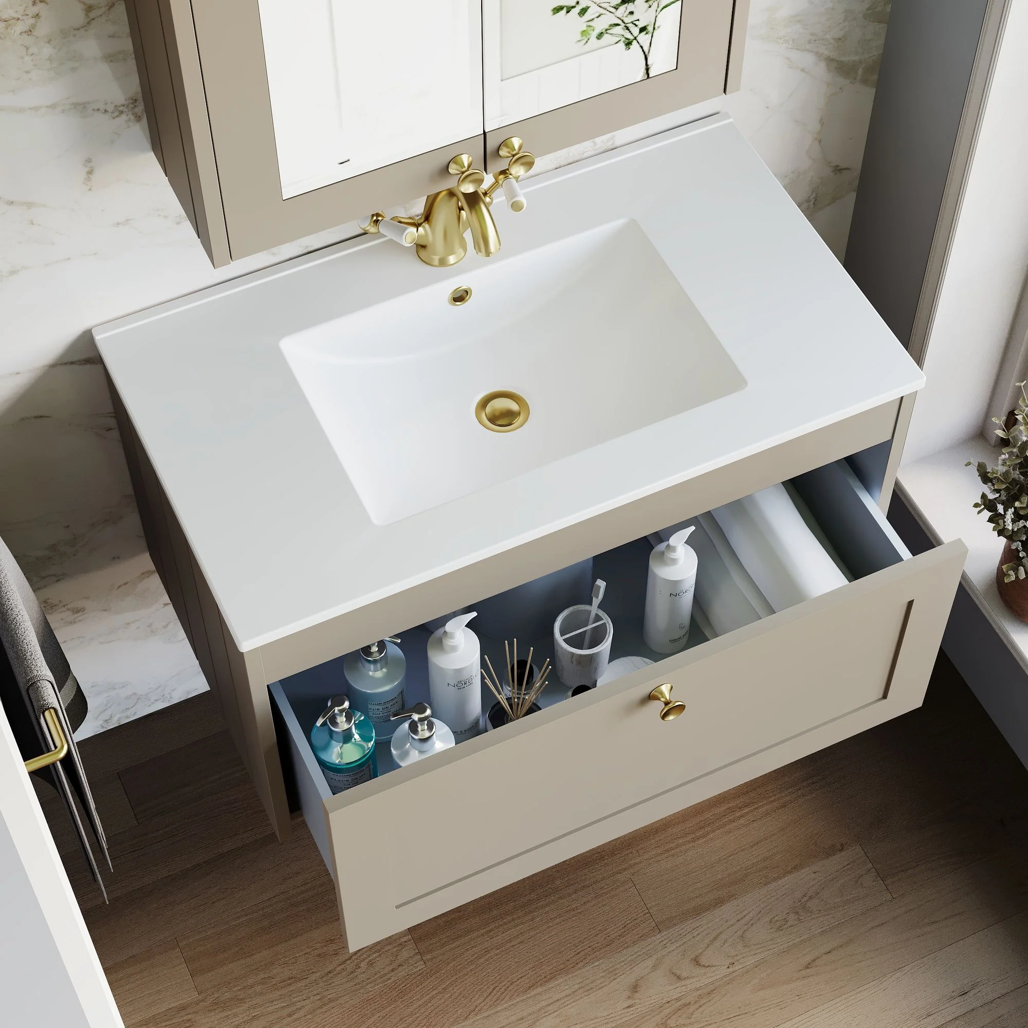Farlow Shaker Wall Mounted 800mm 1-Drawer Basin Vanity Unit - Pebble Grey - Image 5
