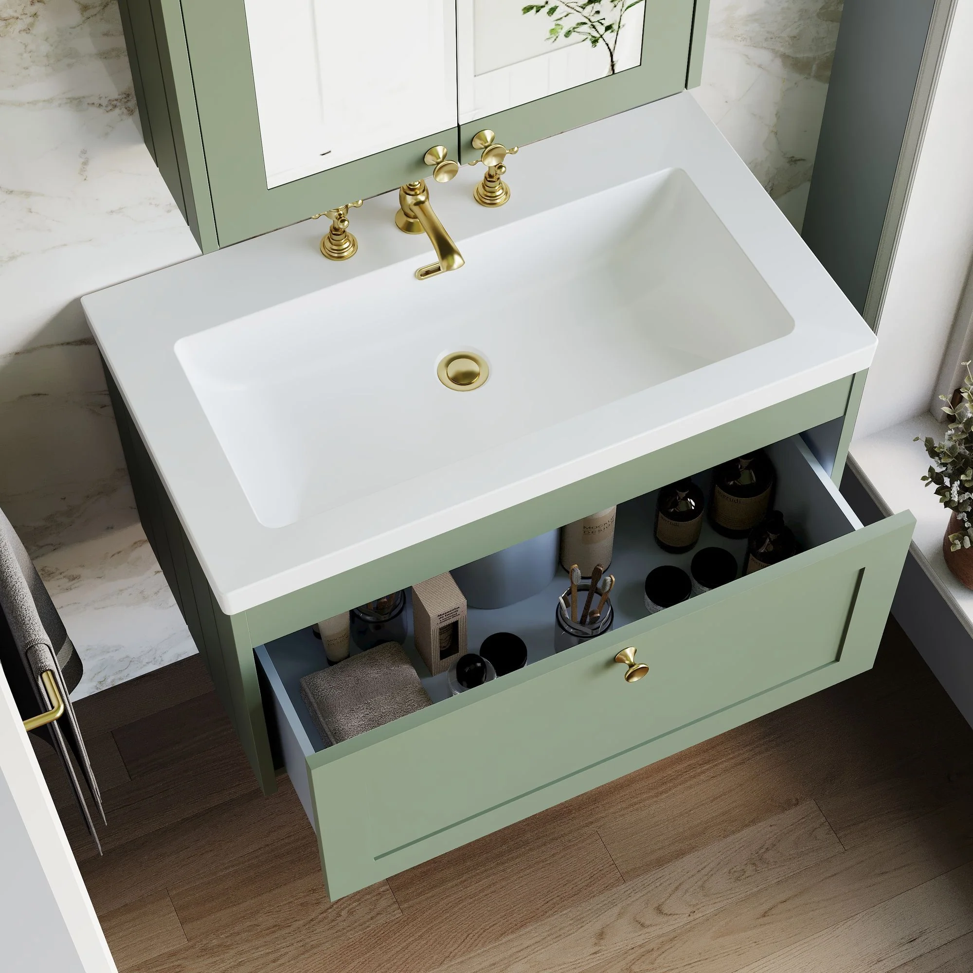 Farlow Shaker Wall Mounted 800mm 1-Drawer Basin Vanity Unit - Satin Green - Image 11