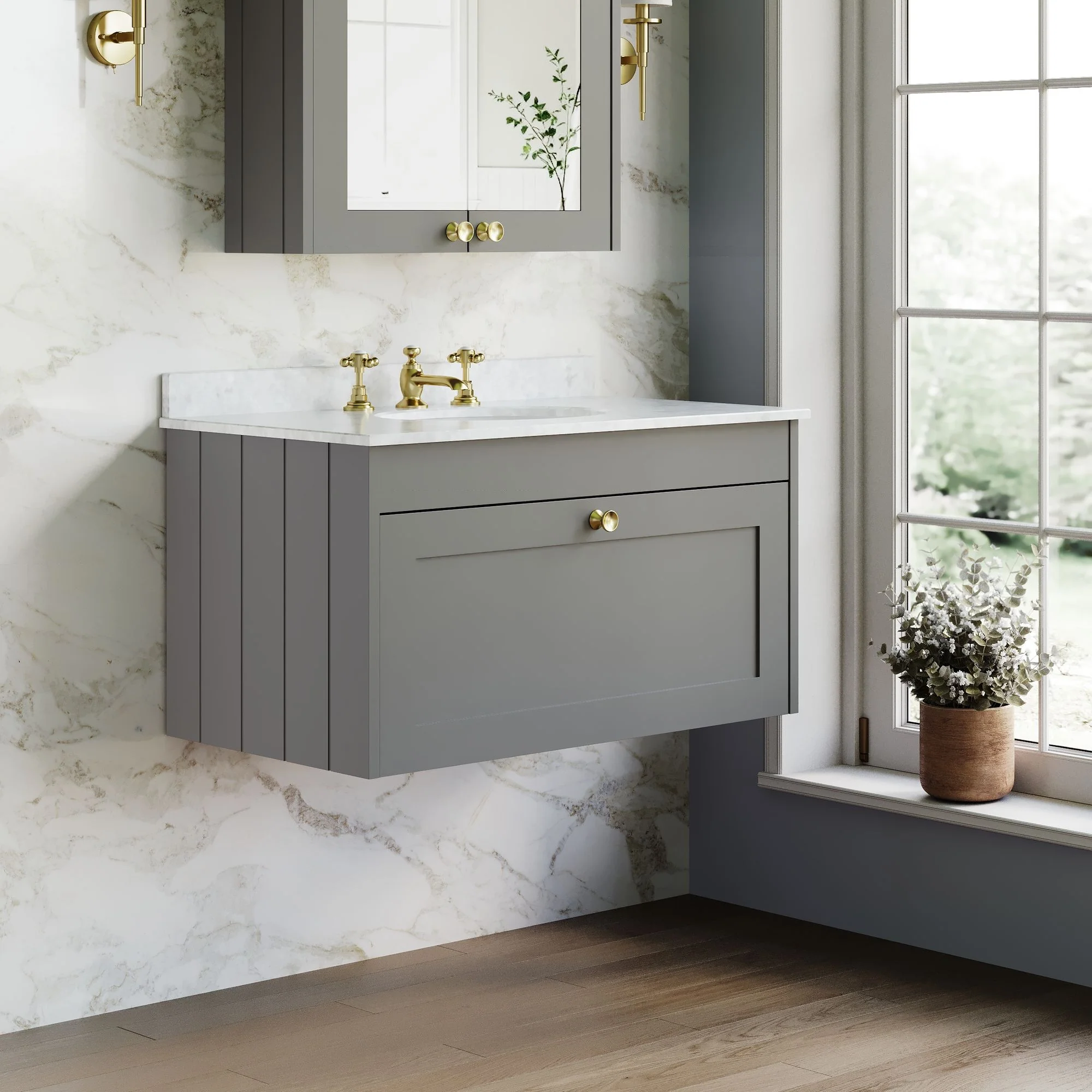 Farlow Shaker Wall Mounted 800mm 1-Drawer Basin Vanity Unit - Satin Grey - Image 28