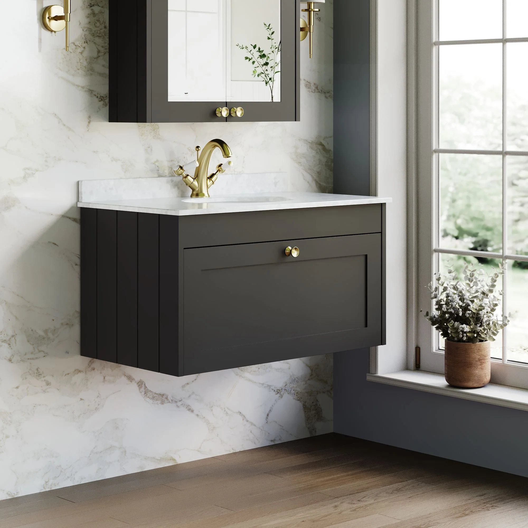 Farlow Shaker Wall Mounted 800mm 1-Drawer Basin Vanity Unit - Satin Soft Black - Image 23