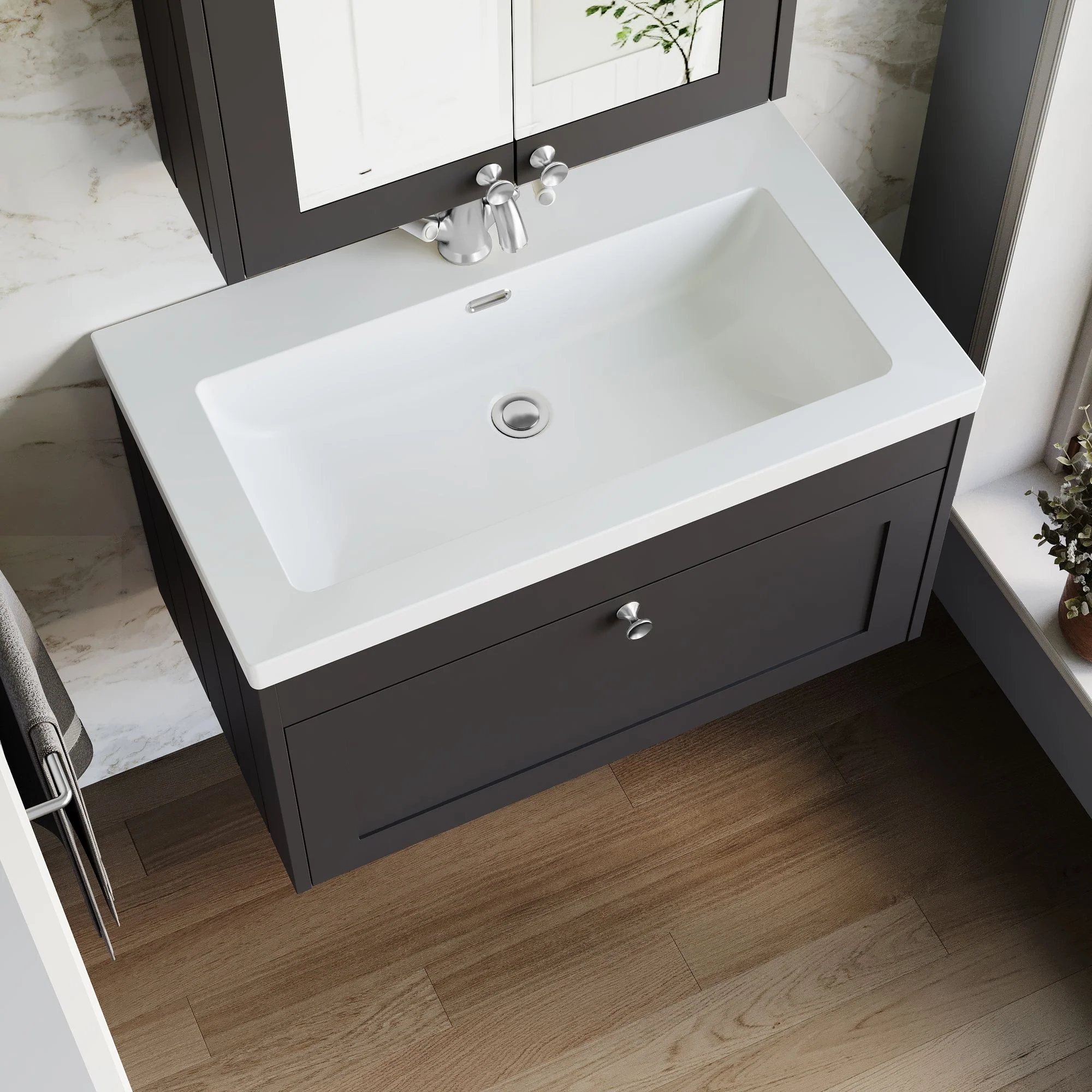 Farlow Shaker Wall Mounted 800mm 1-Drawer Basin Vanity Unit - Satin Soft Black - Image 7