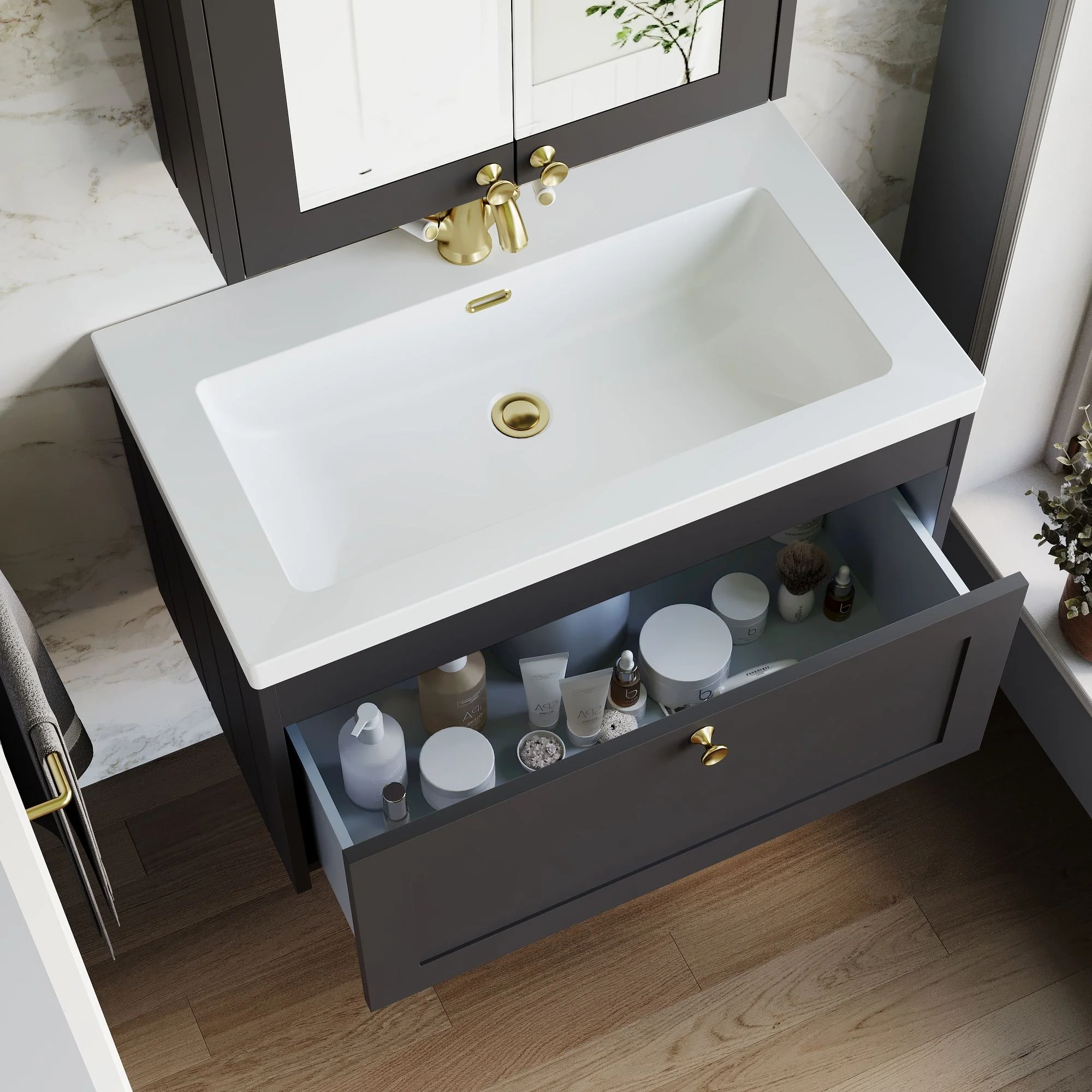 Farlow Shaker Wall Mounted 800mm 1-Drawer Basin Vanity Unit - Satin Soft Black - Image 8