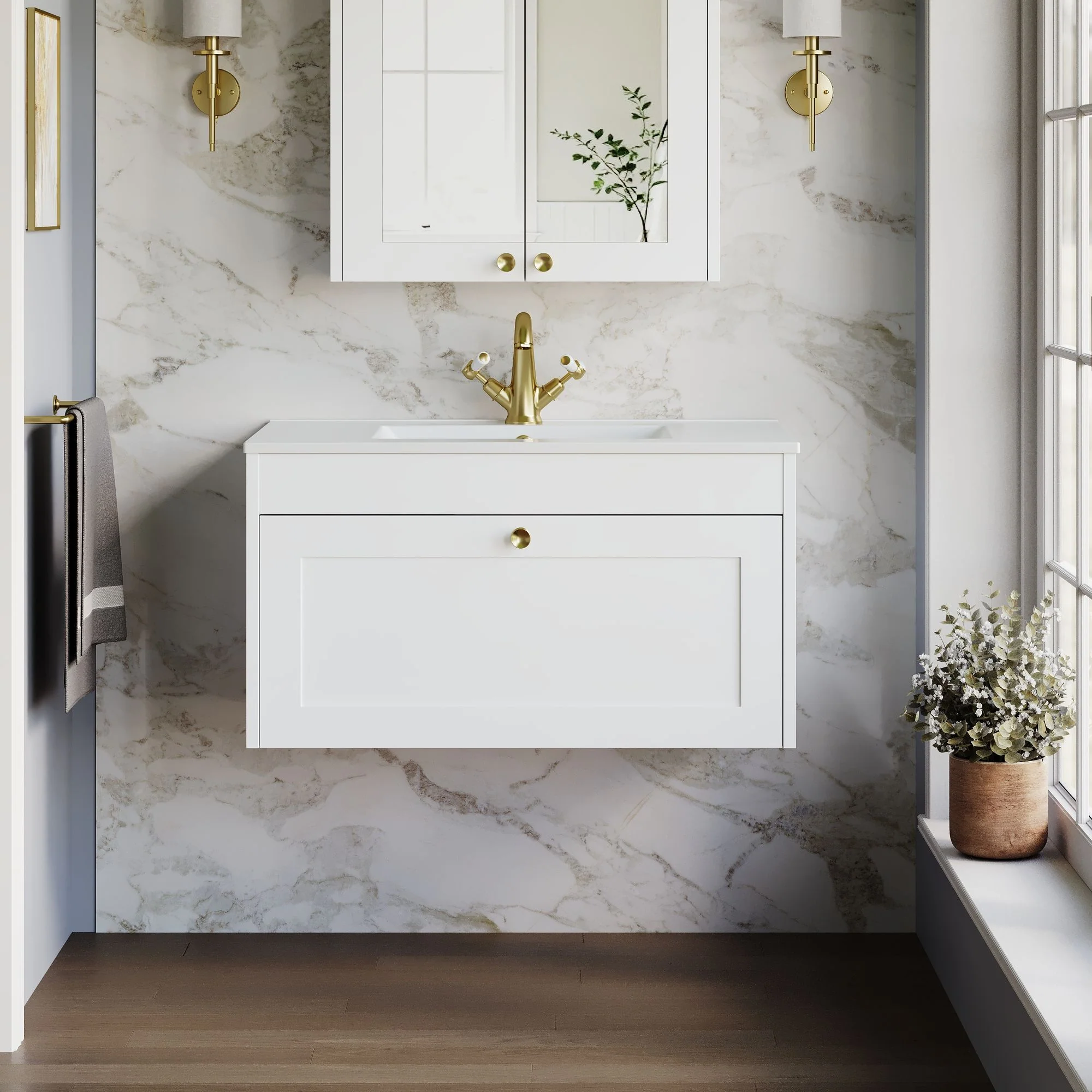 Farlow Shaker Wall Mounted 800mm 1-Drawer Basin Vanity Unit - Satin White