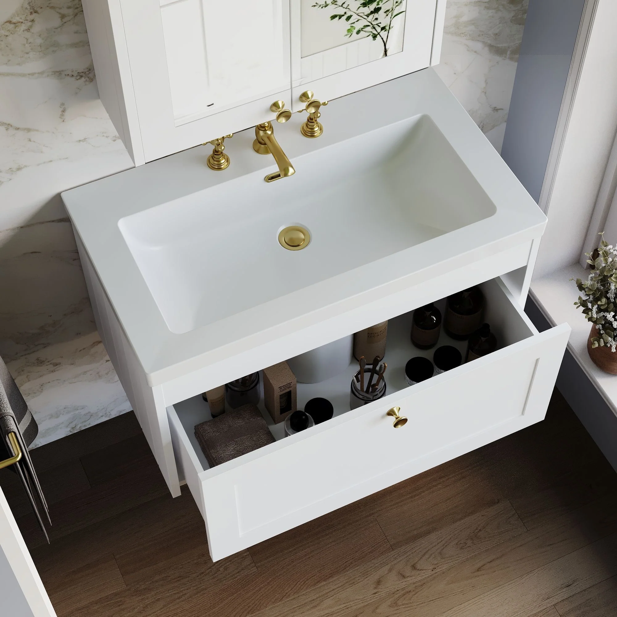 Farlow Shaker Wall Mounted 800mm 1-Drawer Basin Vanity Unit - Satin White - Image 11