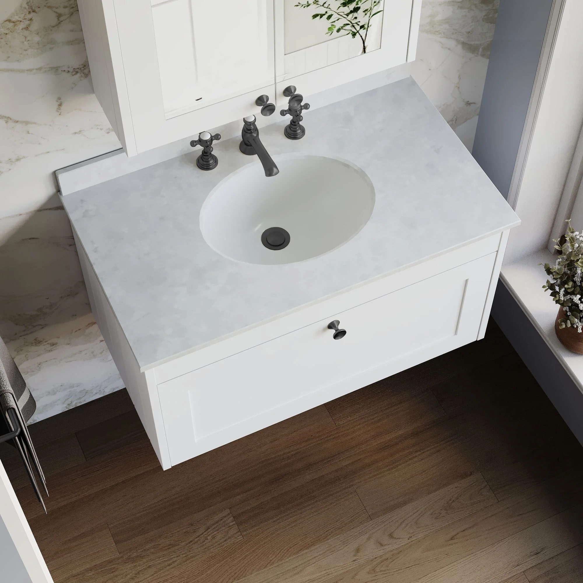 Farlow Shaker Wall Mounted 800mm 1-Drawer Basin Vanity Unit - Satin White - Image 16