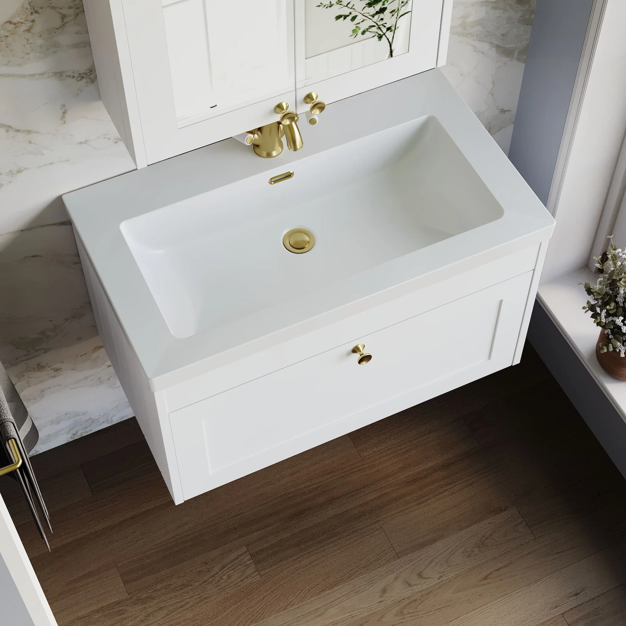 Farlow Shaker Wall Mounted 800mm 1-Drawer Basin Vanity Unit - Satin White - Image 21