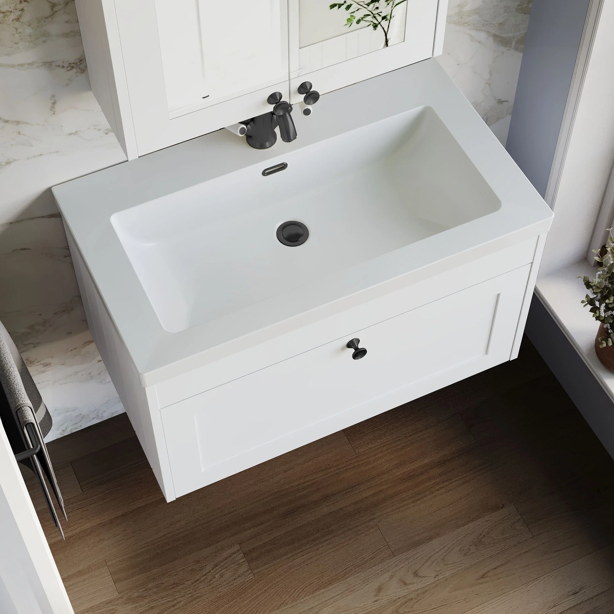Farlow Shaker Wall Mounted 800mm 1-Drawer Basin Vanity Unit - Satin White - Image 7