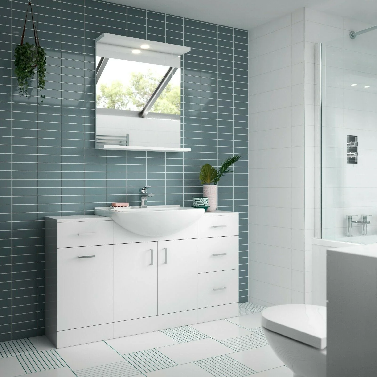 Floor standing 1350mm White Basin Vanity Storage Unit Set