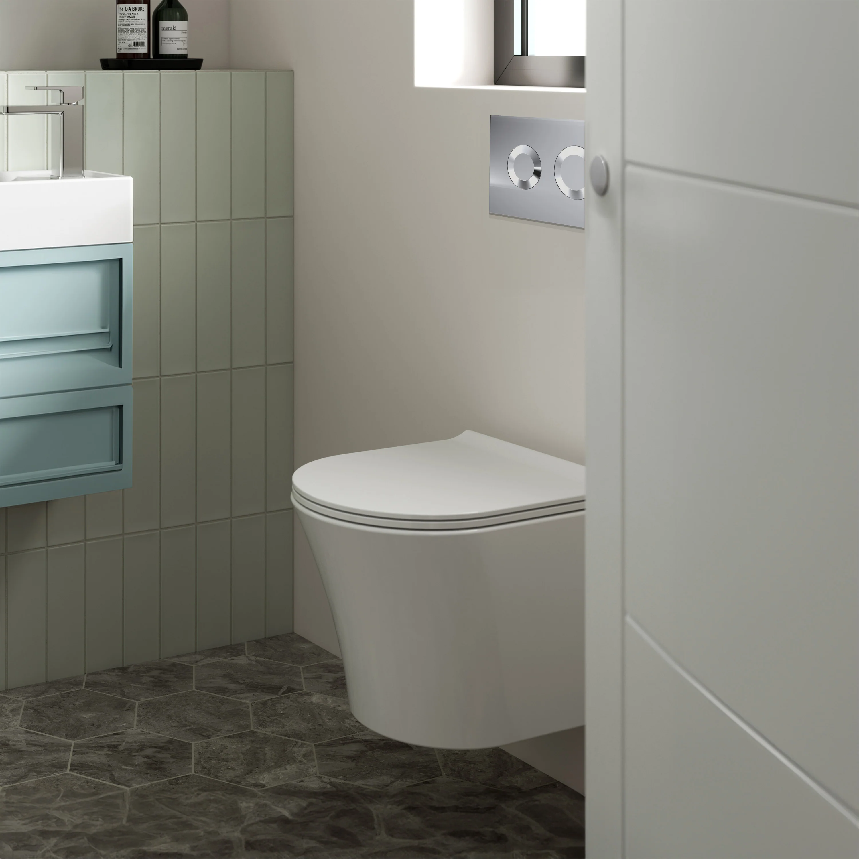 Freya Concealed Cistern Frame Wall Hung Rimless Toilet Pan with Soft Close Seat - Round Plate - Image 2