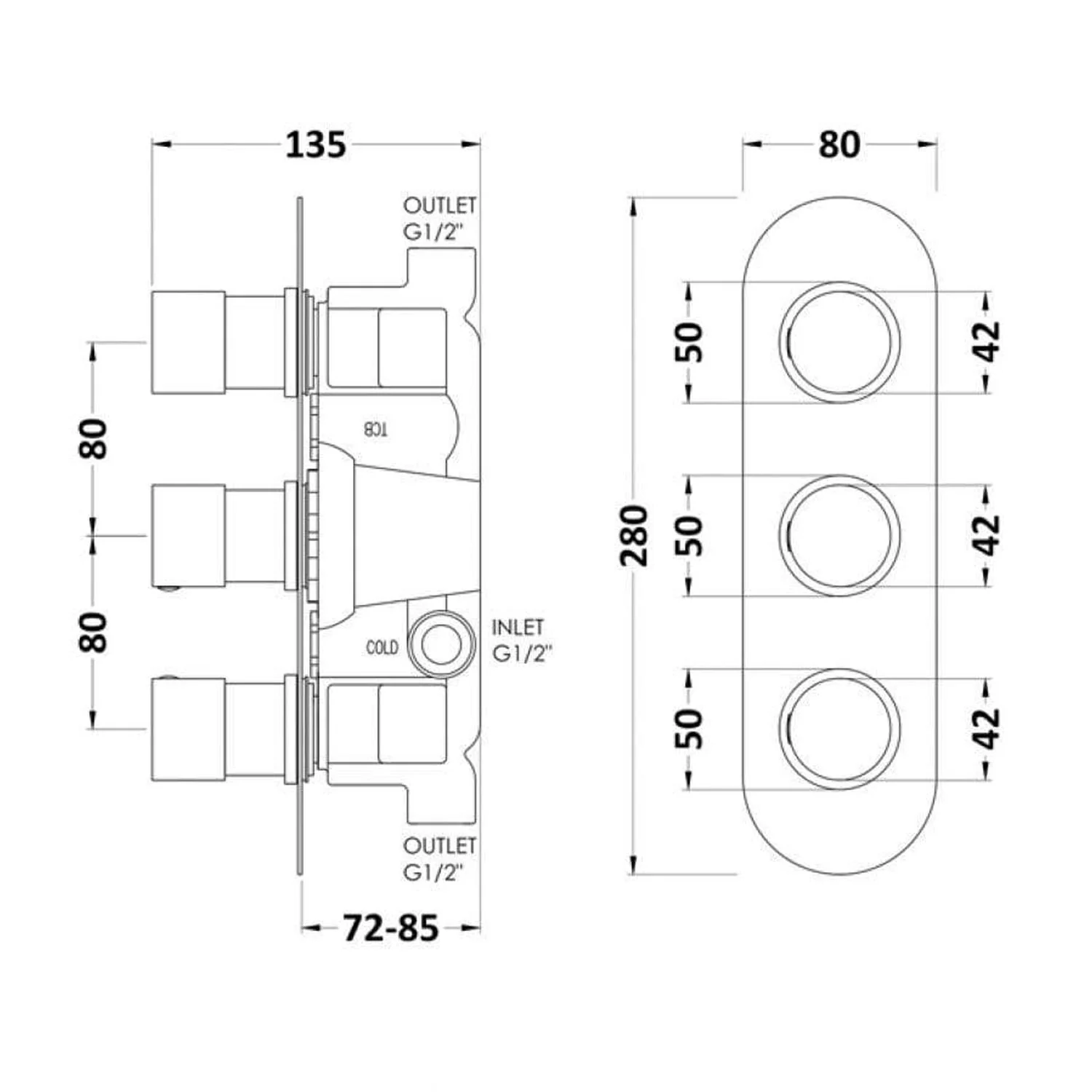 Giro Round Concealed Shower Valve Triple Handle Chrome - Image 2