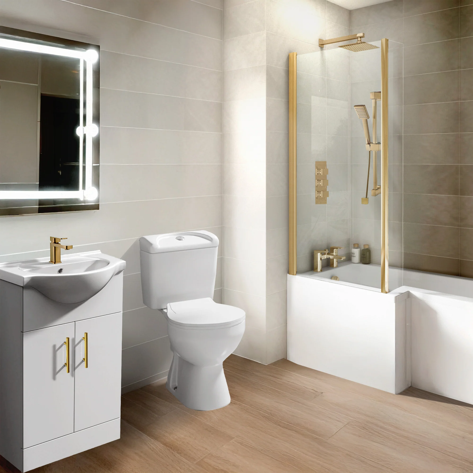 Hadley L Shape Shower Vanity Bathroom Suite - Brushed Brass - 1700