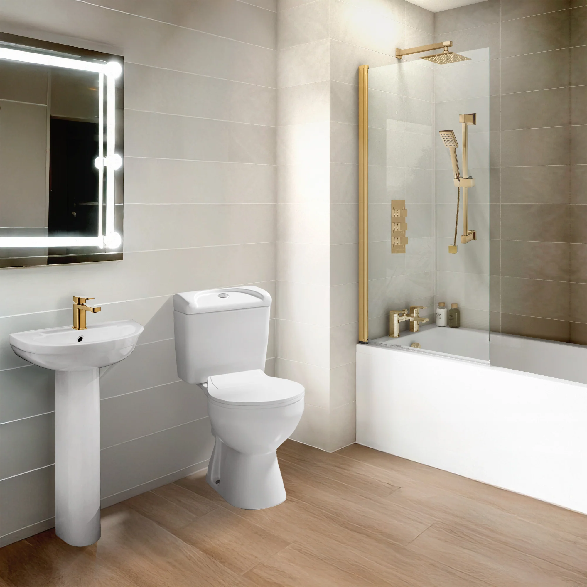 Hadley Shower Bathroom Suite - Brushed Brass - 1600 x 700