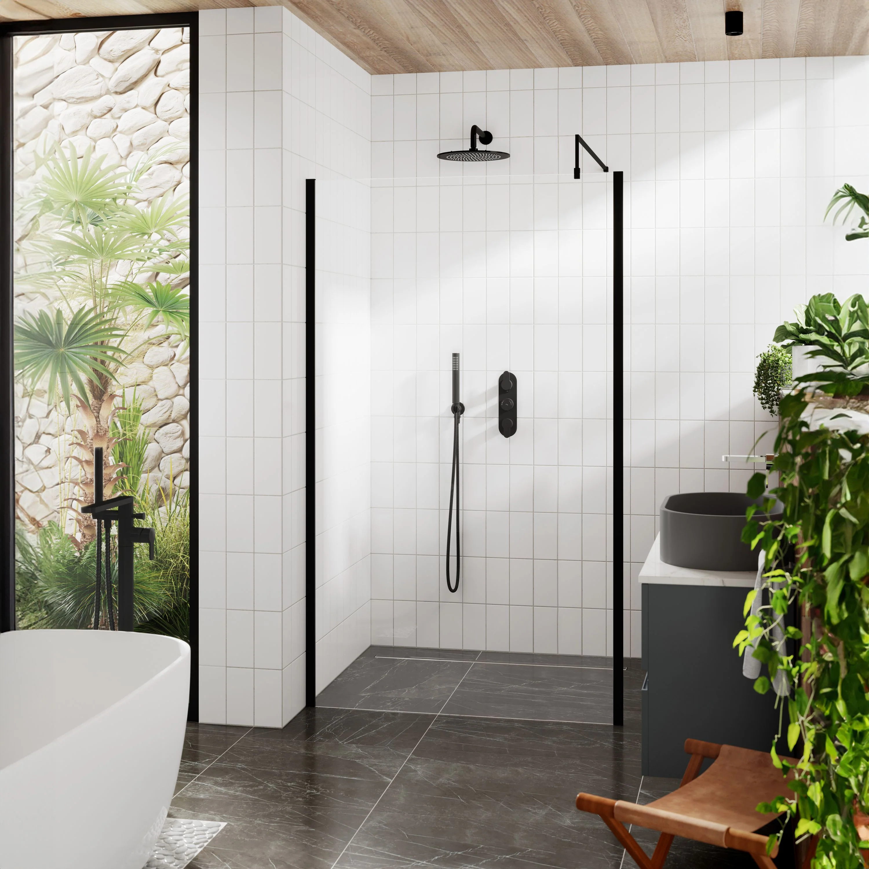 Hudson Reed 1100mm Outer Framed Wetroom Screen with Support Bar - Matt Black
