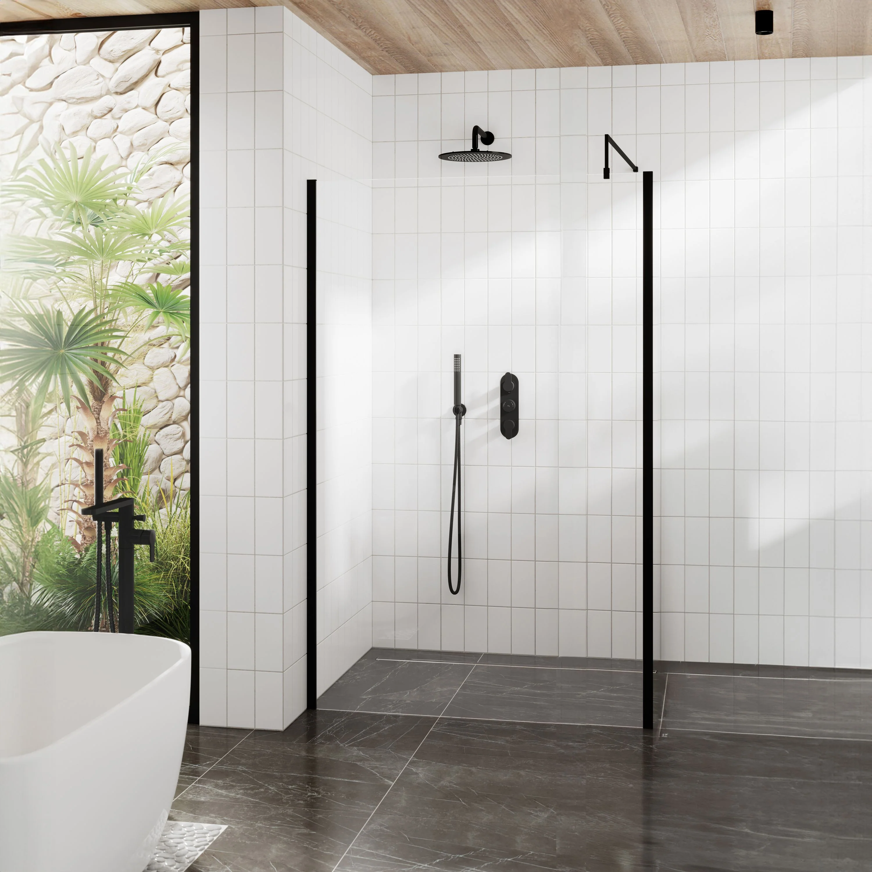 Hudson Reed 1400mm Outer Framed Wetroom Screen with Support Bar - Matt Black