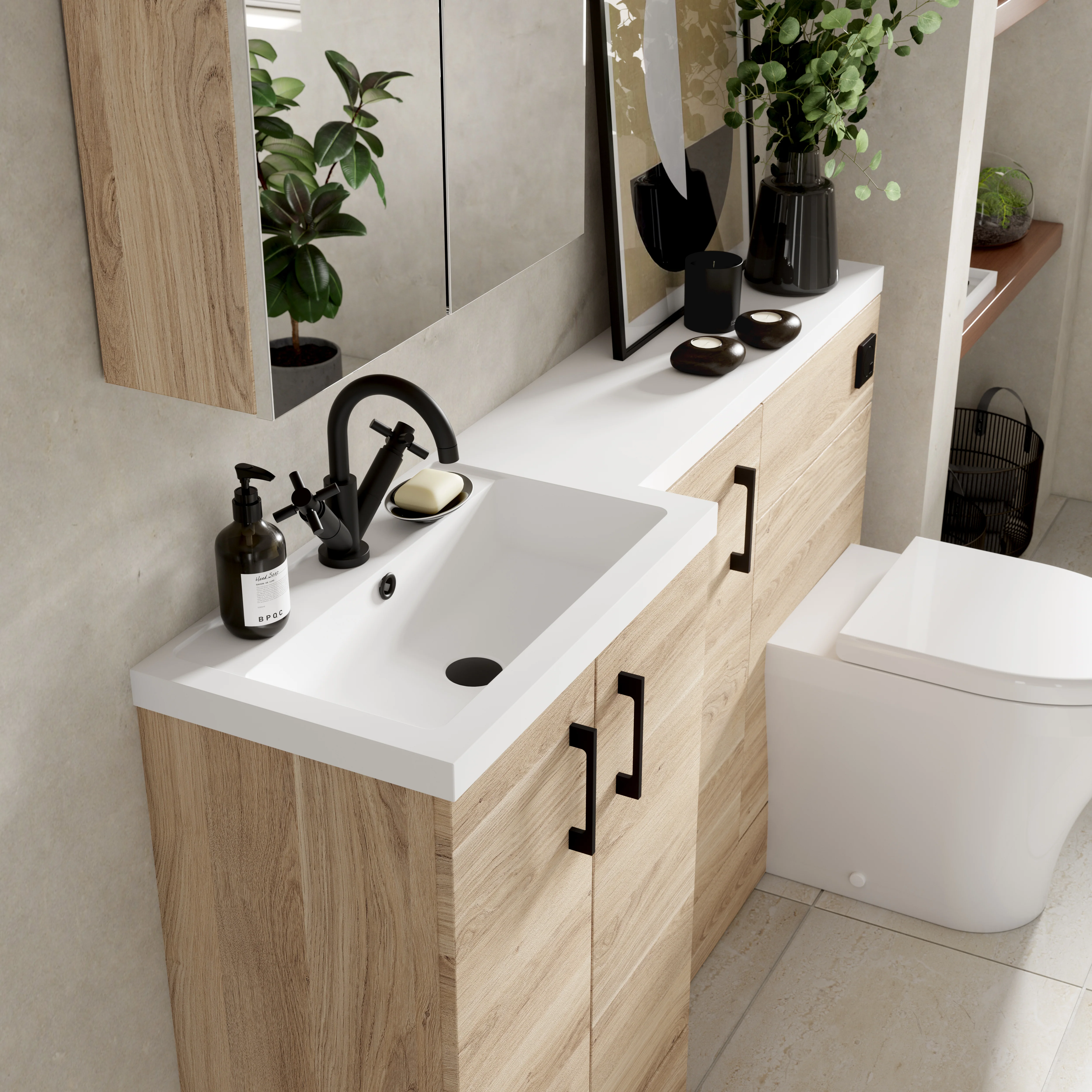 Hudson Reed Fusion Floorstanding Combination Unit with 500mm WC Unit & L-Shape Polymarble Basin 1500mm (3 Door) Left - Bleached Oak - Image 2