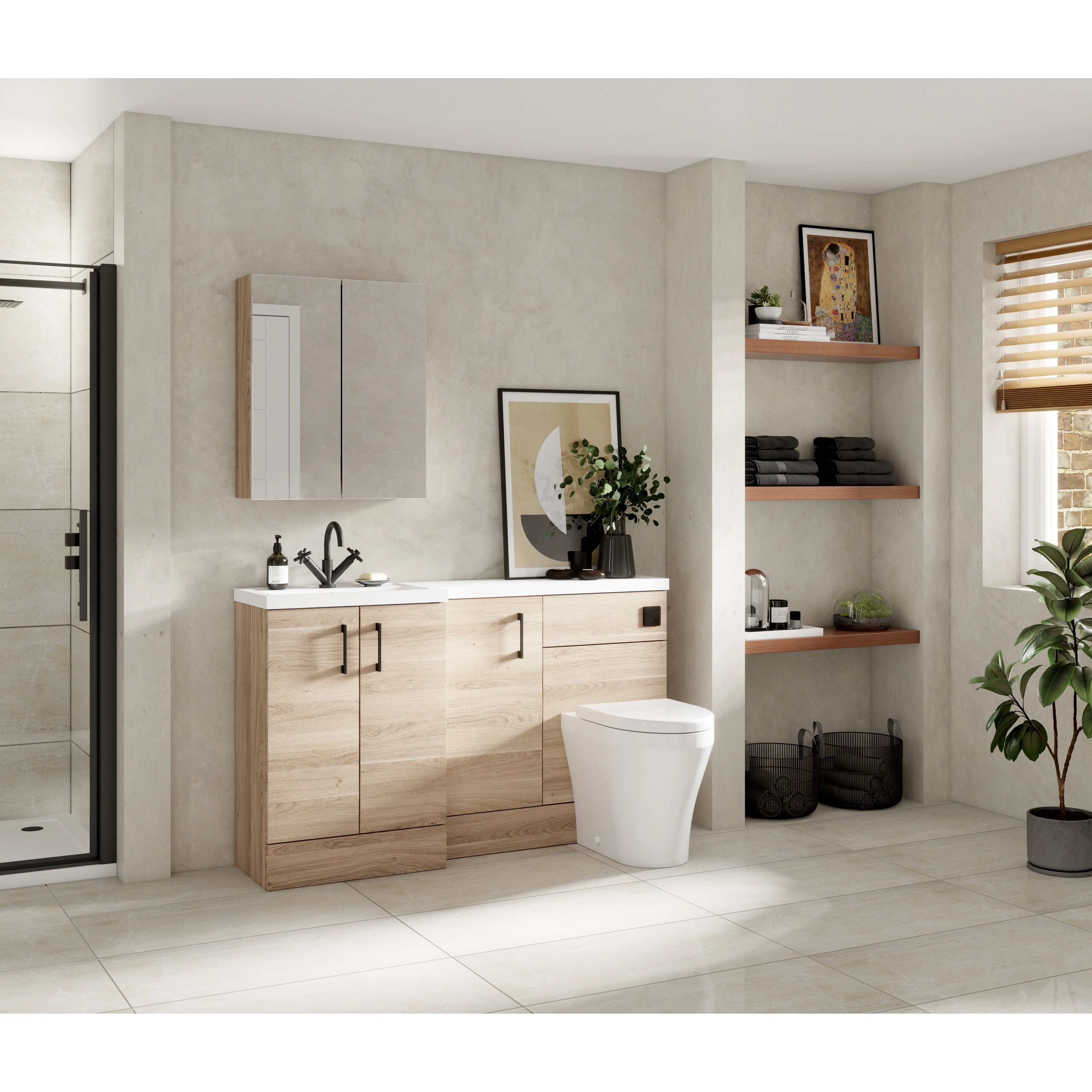 Hudson Reed Fusion Floorstanding Combination Unit with 500mm WC Unit & L-Shape Polymarble Basin 1500mm (3 Door) Left - Bleached Oak - Image 3