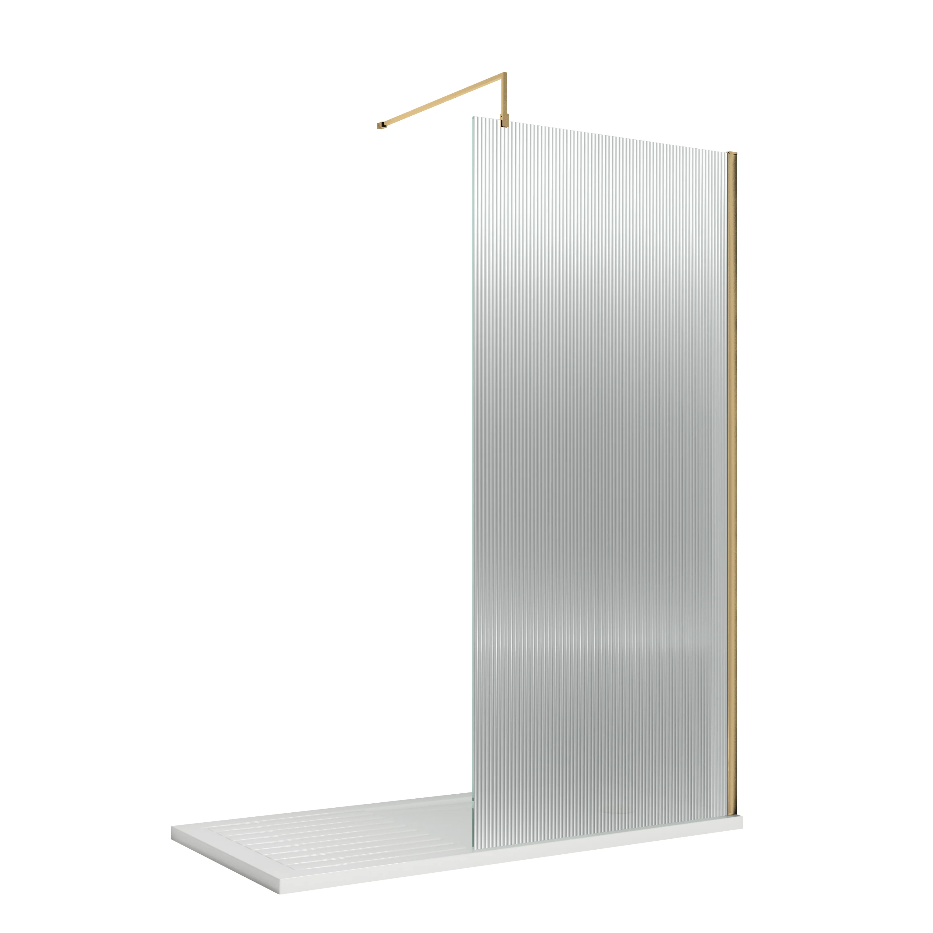 Hudson Reed 900mm Fluted Wetroom Screen with Support Bar - Brushed Brass - Image 2