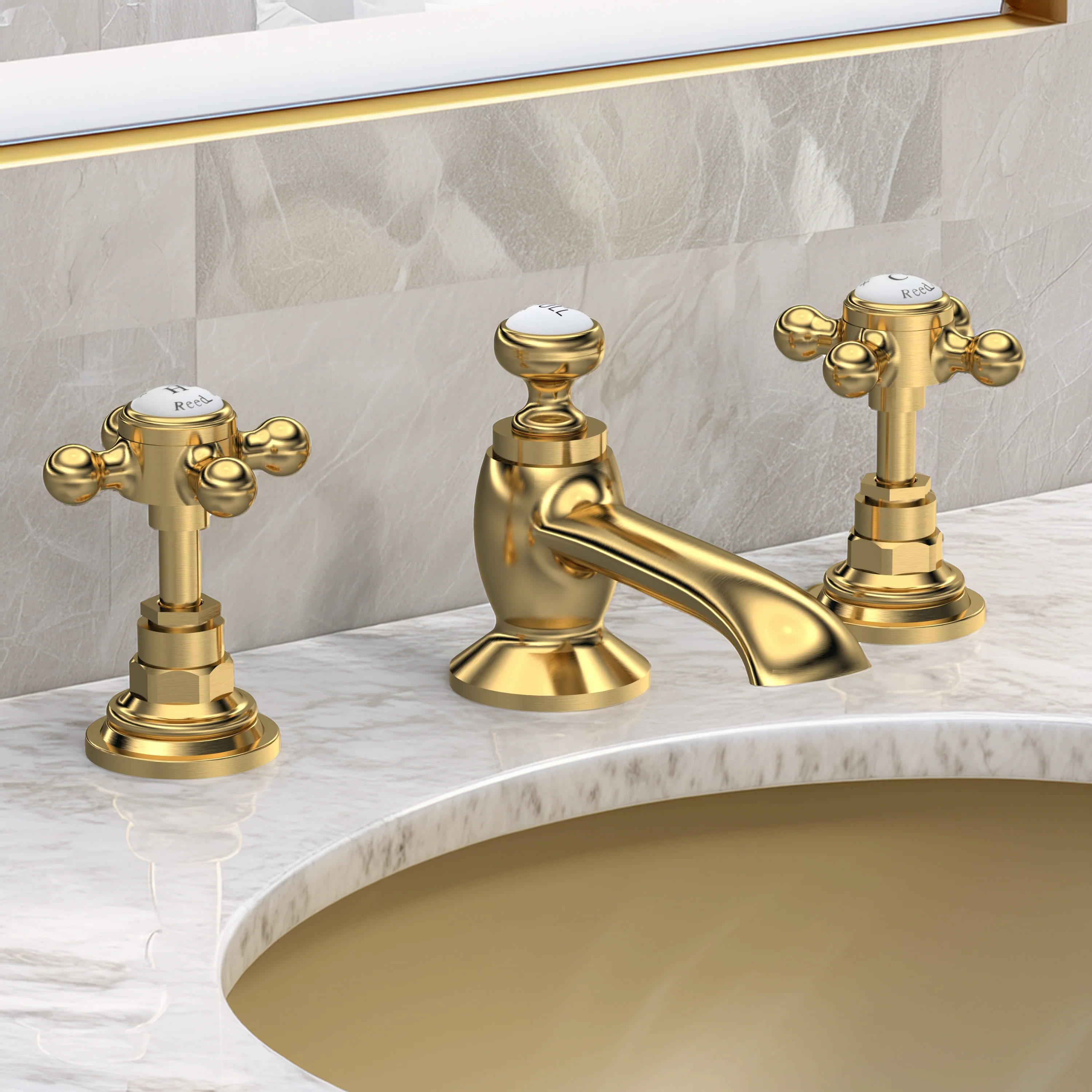 Hudson Reed White Topaz With Crosshead 3 Tap Hole Basin Mixer - Brushed Brass - BC807HX
