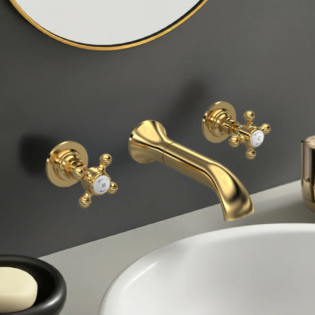 Hudson Reed White Topaz With Crosshead 3 Tap Hole Wall Mounted Basin Mixer - Brushed Brass - BC817HX