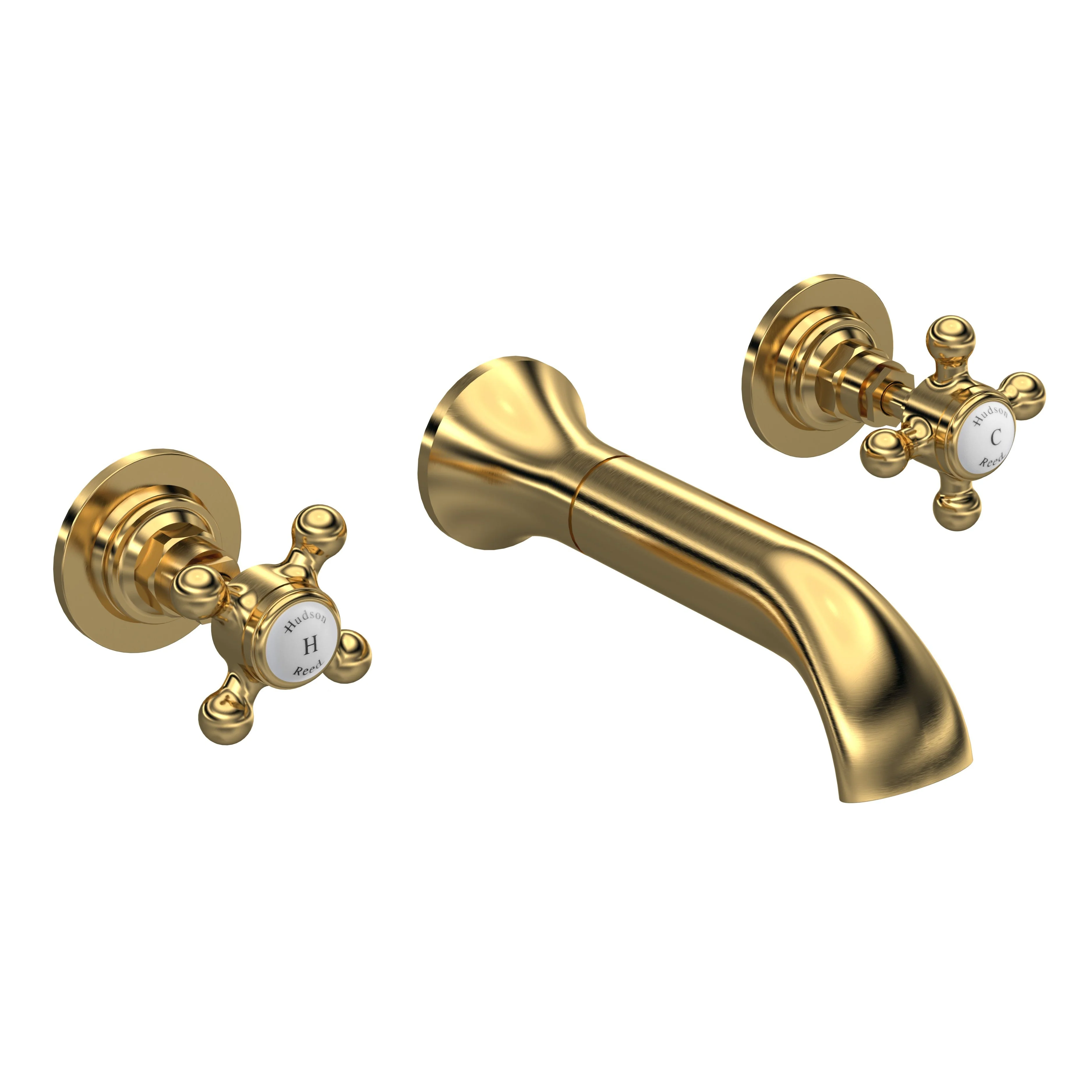 Hudson Reed White Topaz With Crosshead 3 Tap Hole Wall Mounted Basin Mixer - Brushed Brass - BC817HX - Image 2