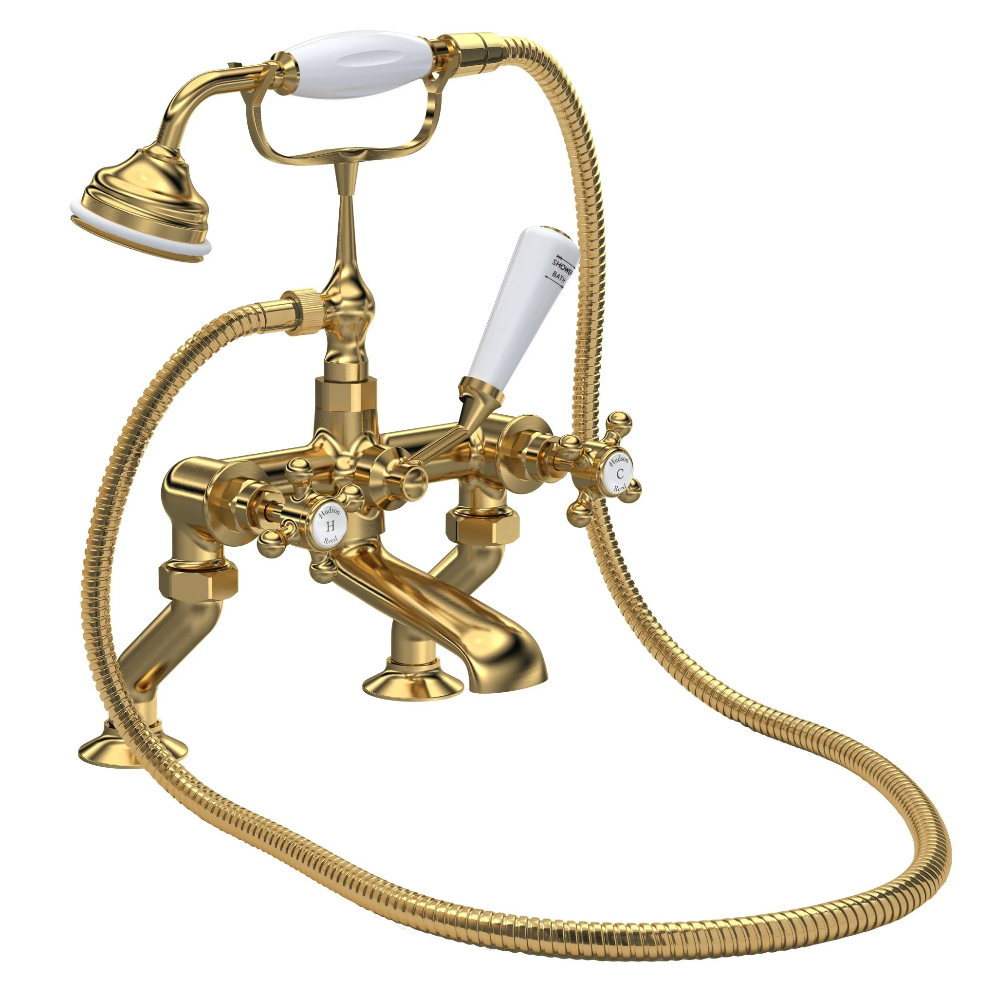 Hudson Reed White Topaz With Crosshead Deck Mounted Bath Shower Mixer - Brushed Brass