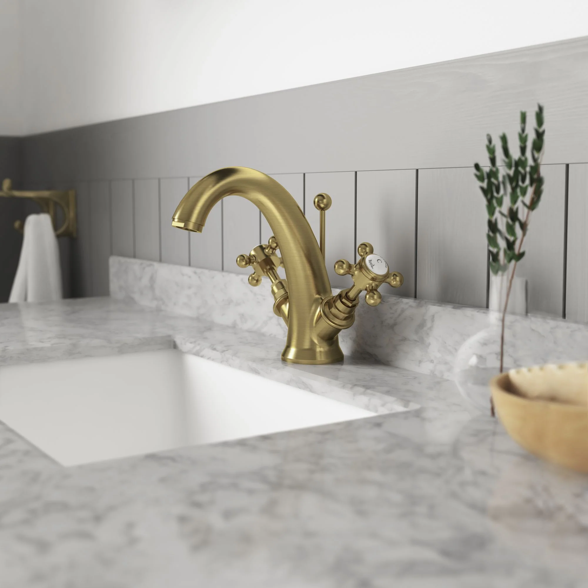 Hudson Reed White Topaz With Crosshead Mono Basin Mixer - Brushed Brass - BC805HX - Image 2