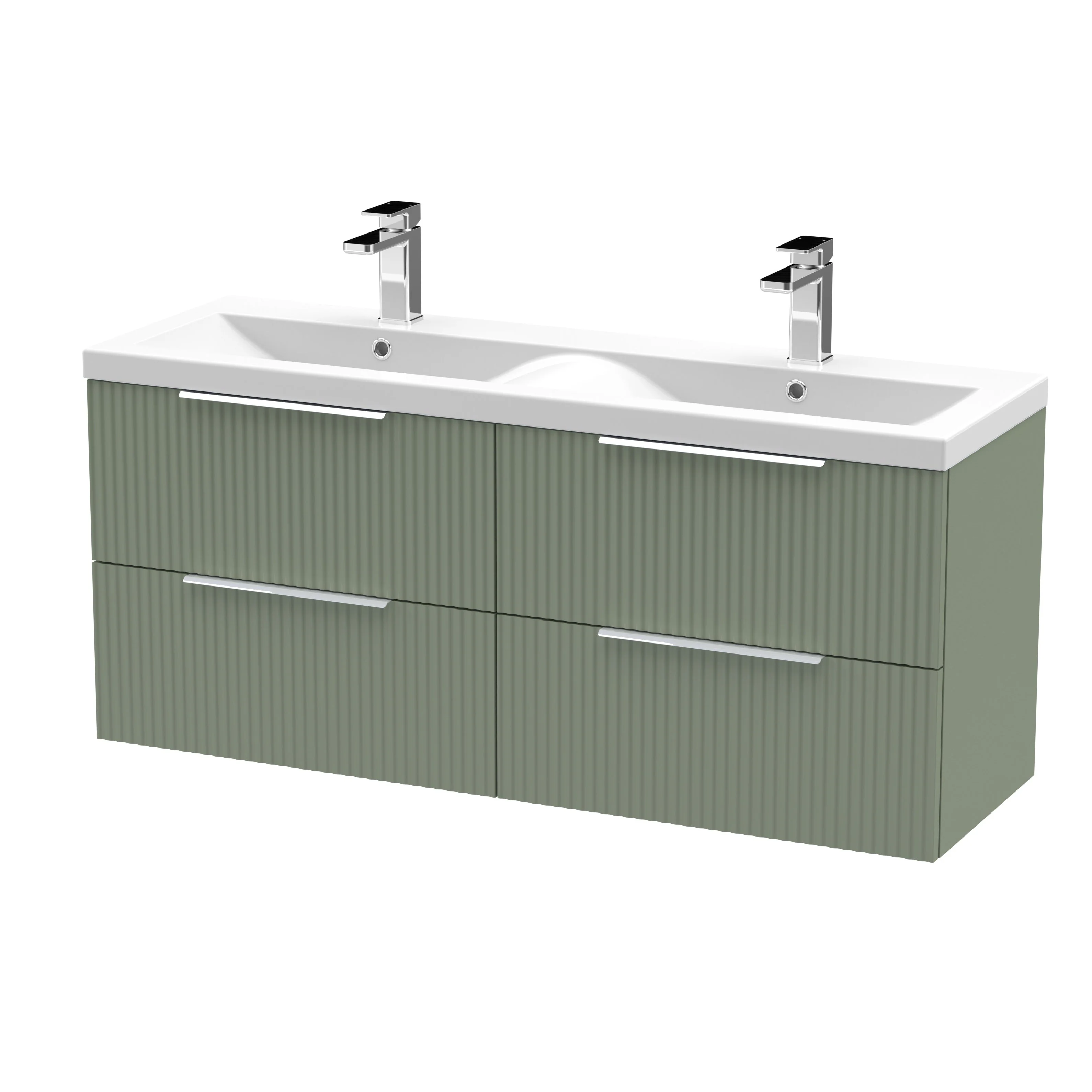 Hudson Reed Fluted 1200mm Wall Hung 4 Drawer Vanity & Double Basin - Satin Green