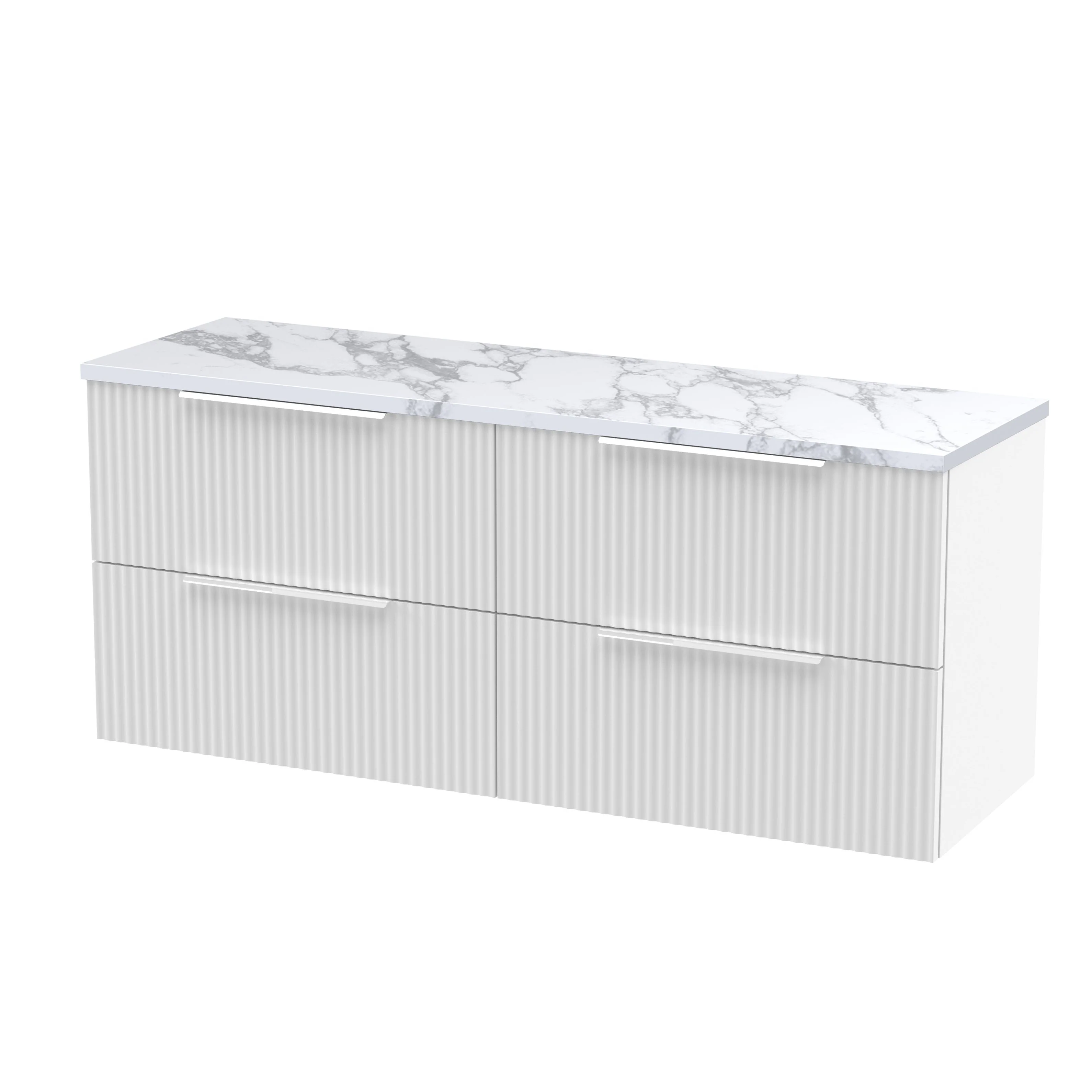 Hudson Reed Fluted 1200mm Wall Hung 4-Drawer Vanity & Laminate Worktop - Satin White