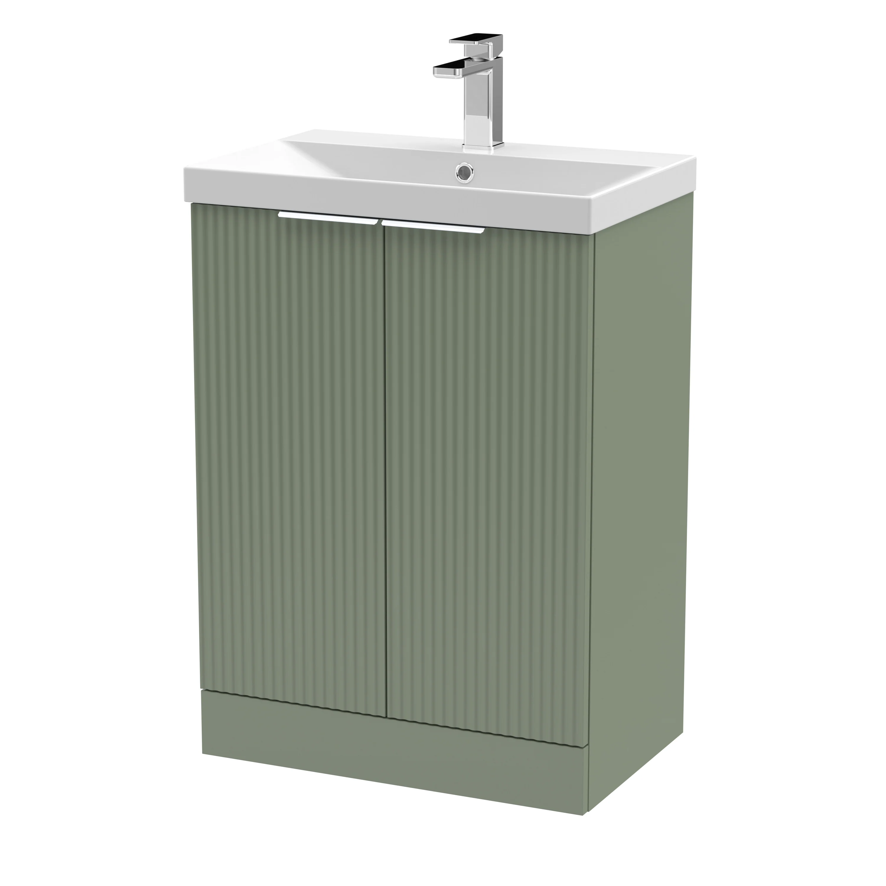 Hudson Reed Fluted 600mm Floor Standing 2-Door Vanity & Basin 3 - Satin Green