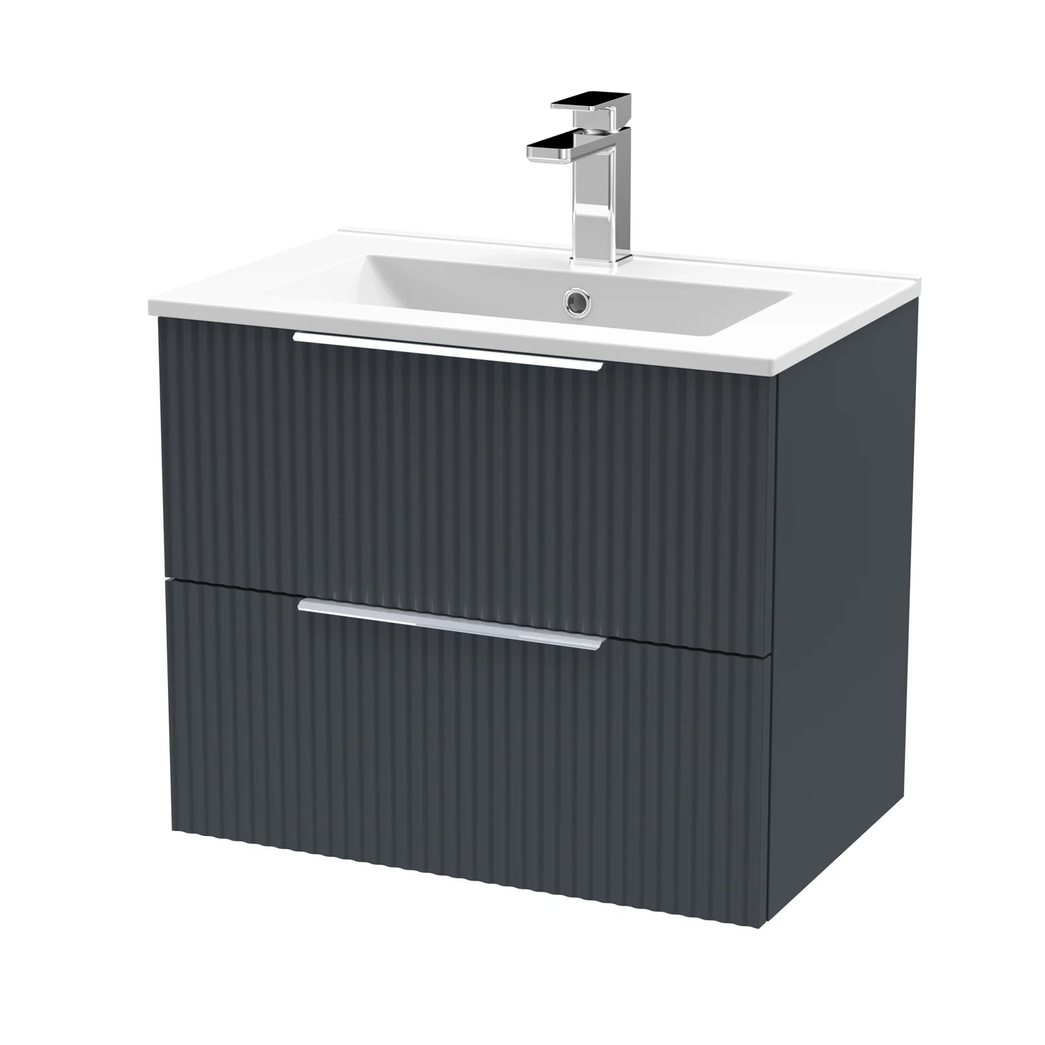 Hudson Reed Fluted 600mm Wall Hung 2-Drawer Vanity Unit & Minimalist Basin - Satin Anthracite