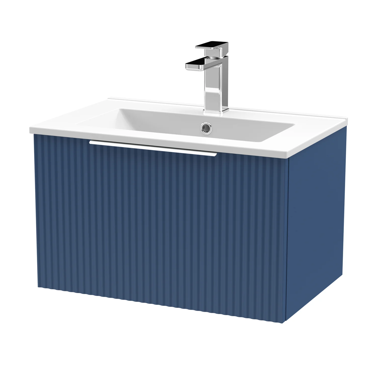 Hudson Reed Fluted 600mm Wall Hung Single Drawer Vanity Unit & Minimalist Basin - Satin Blue