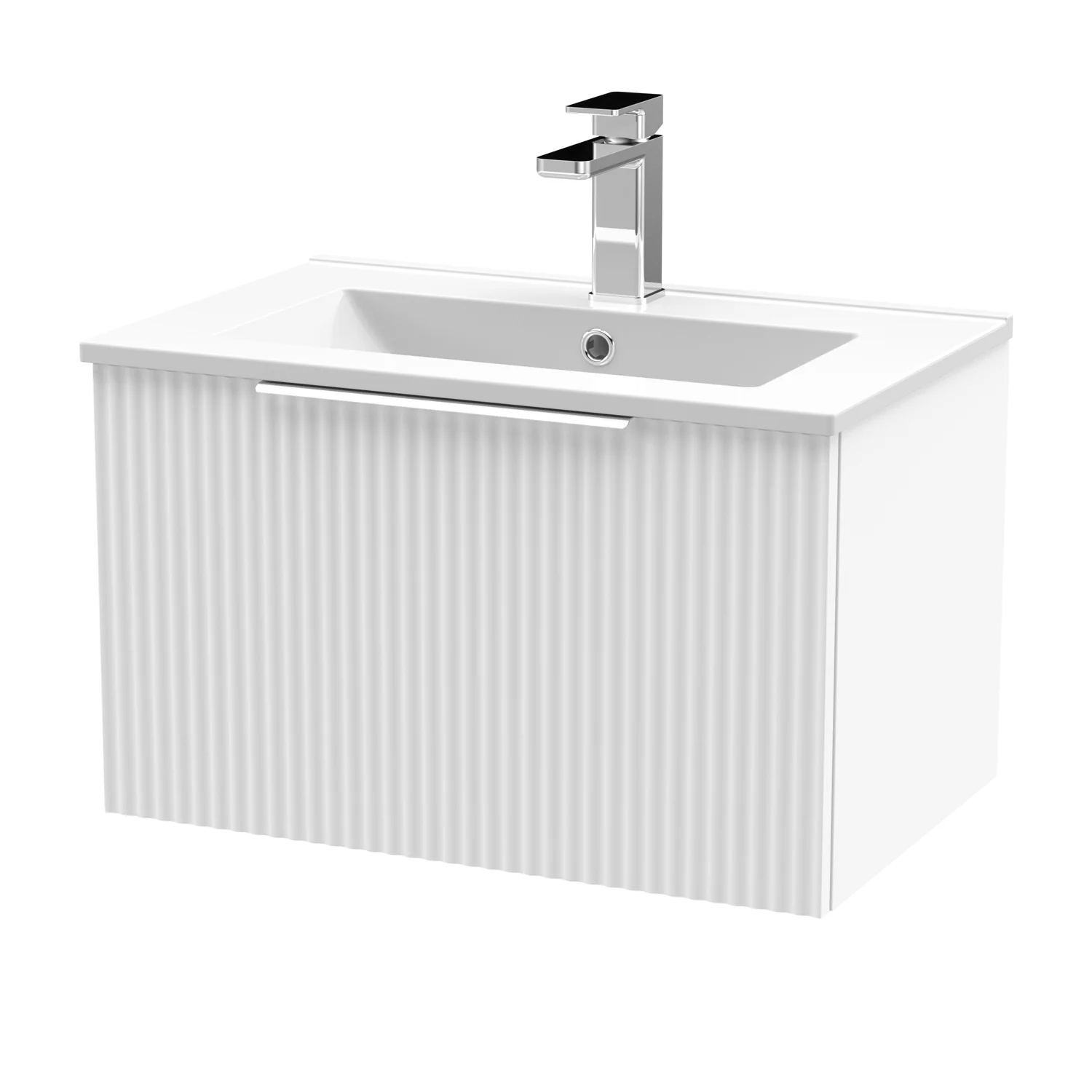 Hudson Reed Fluted 600mm Wall Hung Single Drawer Vanity Unit & Minimalist Basin - Satin White