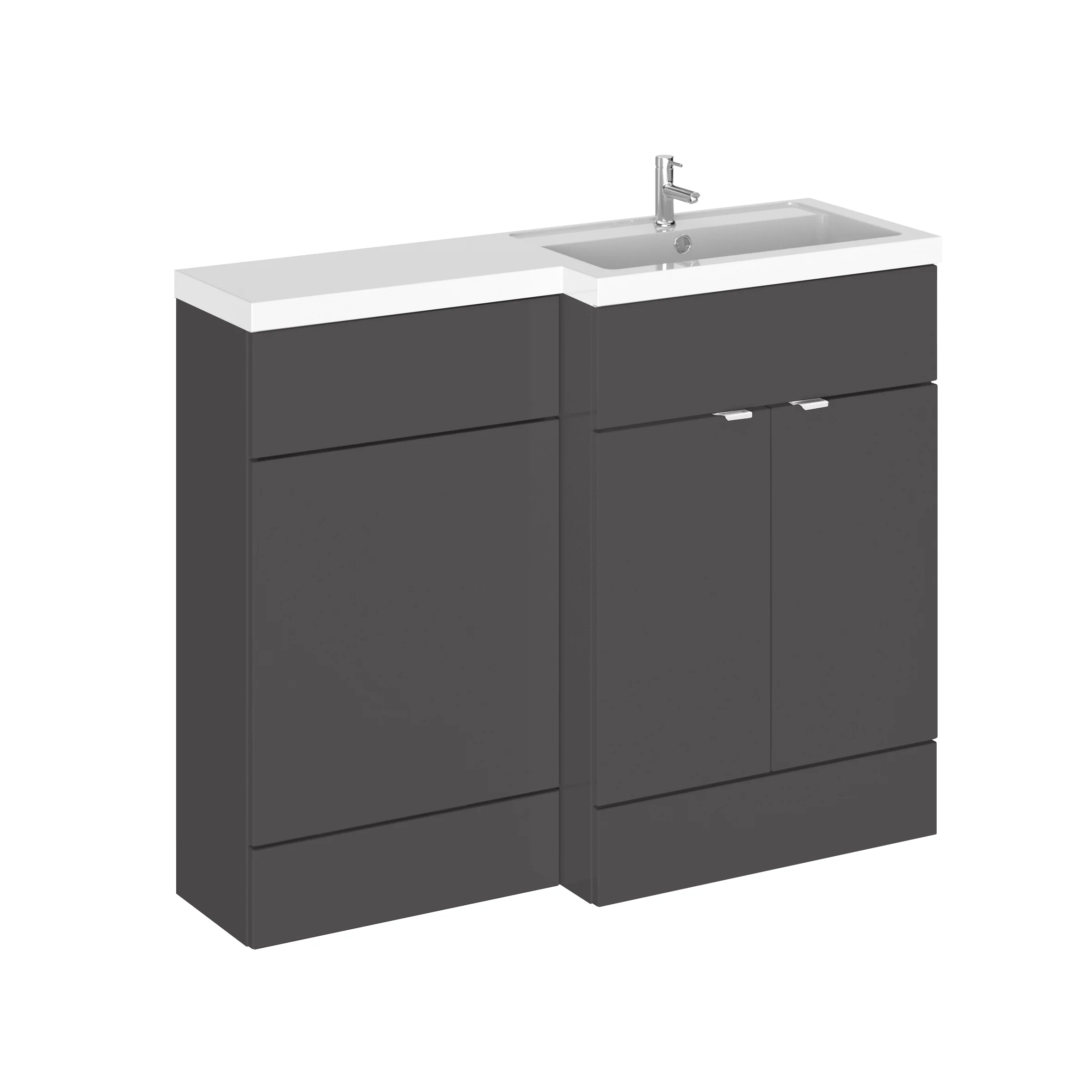 Hudson Reed Fusion Floorstanding Combination Unit & L-Shape Polymarble Basin 1100mm (2-Door) Right - Gloss Grey