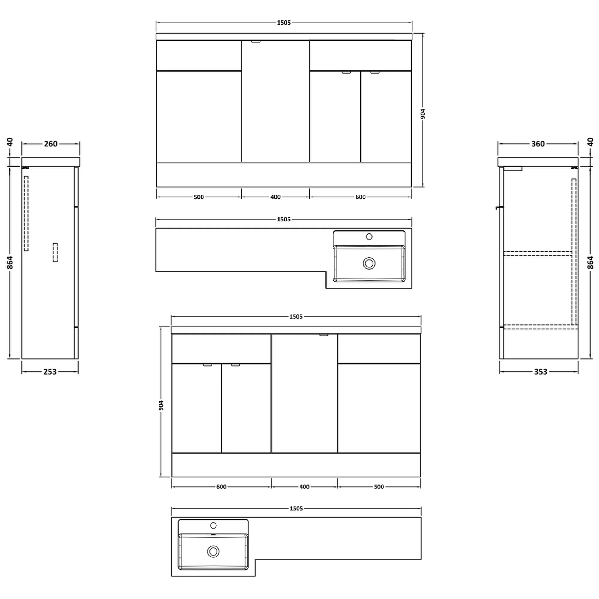 Hudson Reed Fusion Floorstanding Combination Unit with 500mm WC Unit & L-Shape Polymarble Basin 1500mm (3 Door) - Anthracite Woodgrain - Image 4