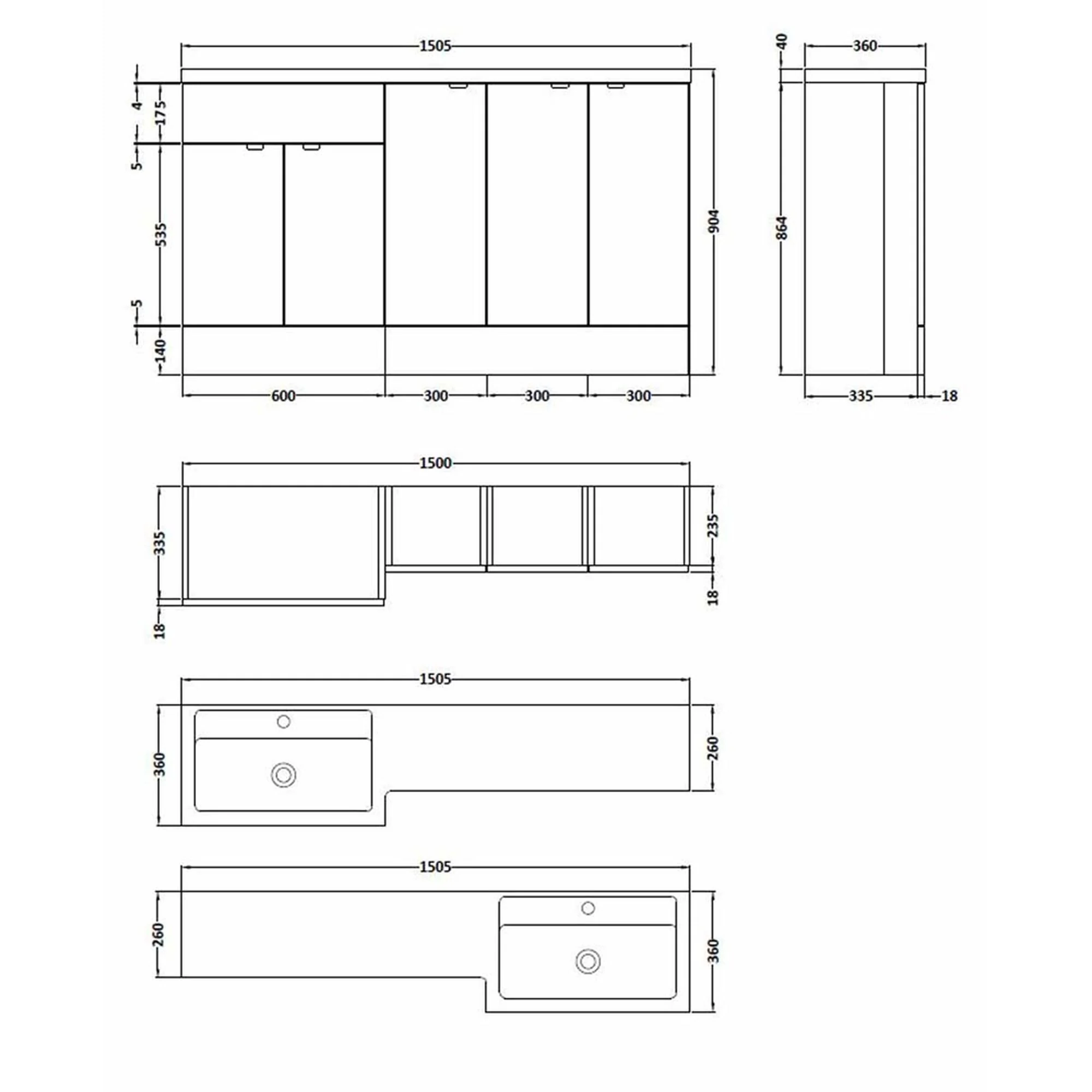 Hudson Reed Fusion Floorstanding Combination Unit & L-Shape Polymarble Basin 1500mm (5 Door) - Gloss White - Image 4