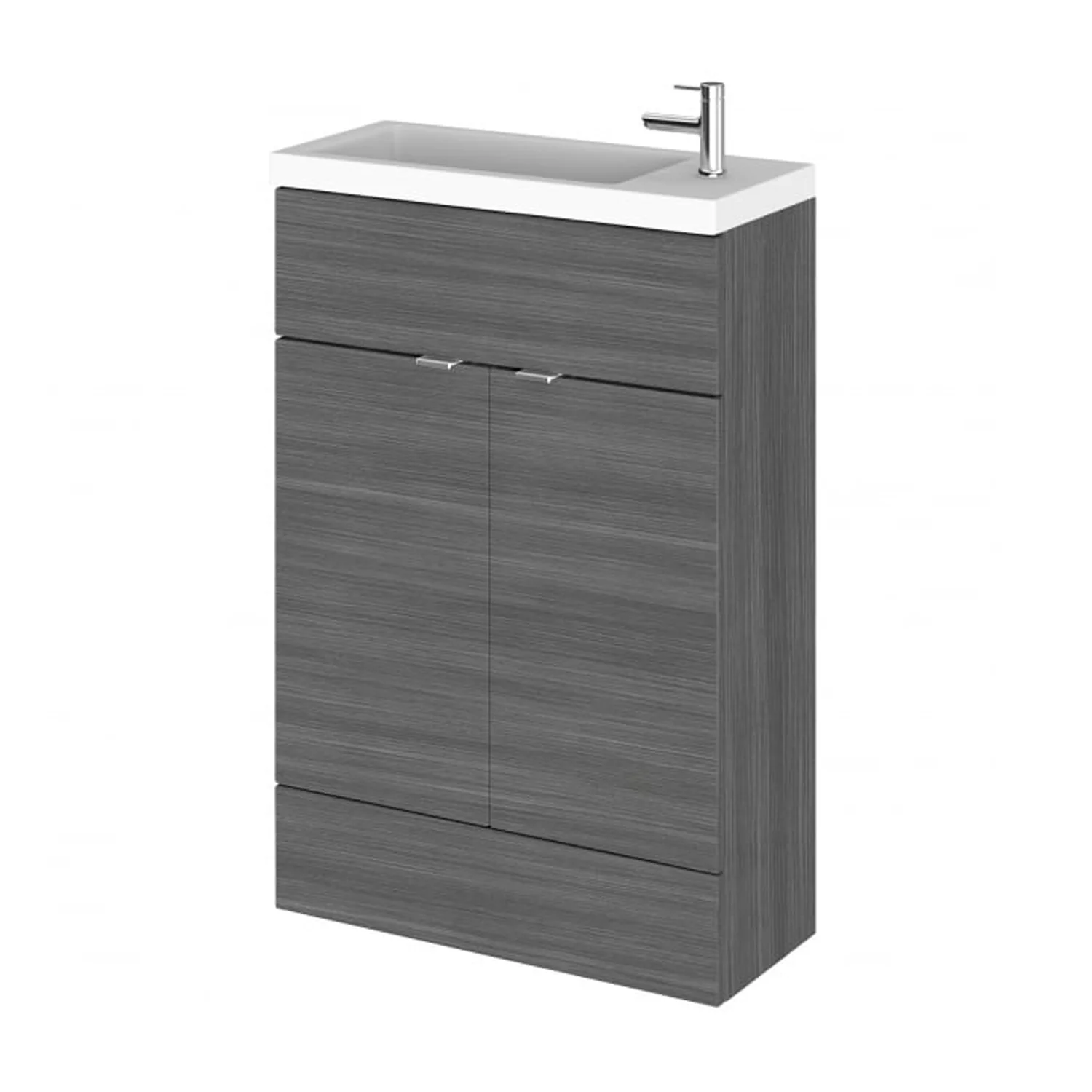 Hudson Reed Fusion Floorstanding Vanity Unit & Side Tap Basin 600mm (2-Door) - Anthracite Woodgrain (Compact)