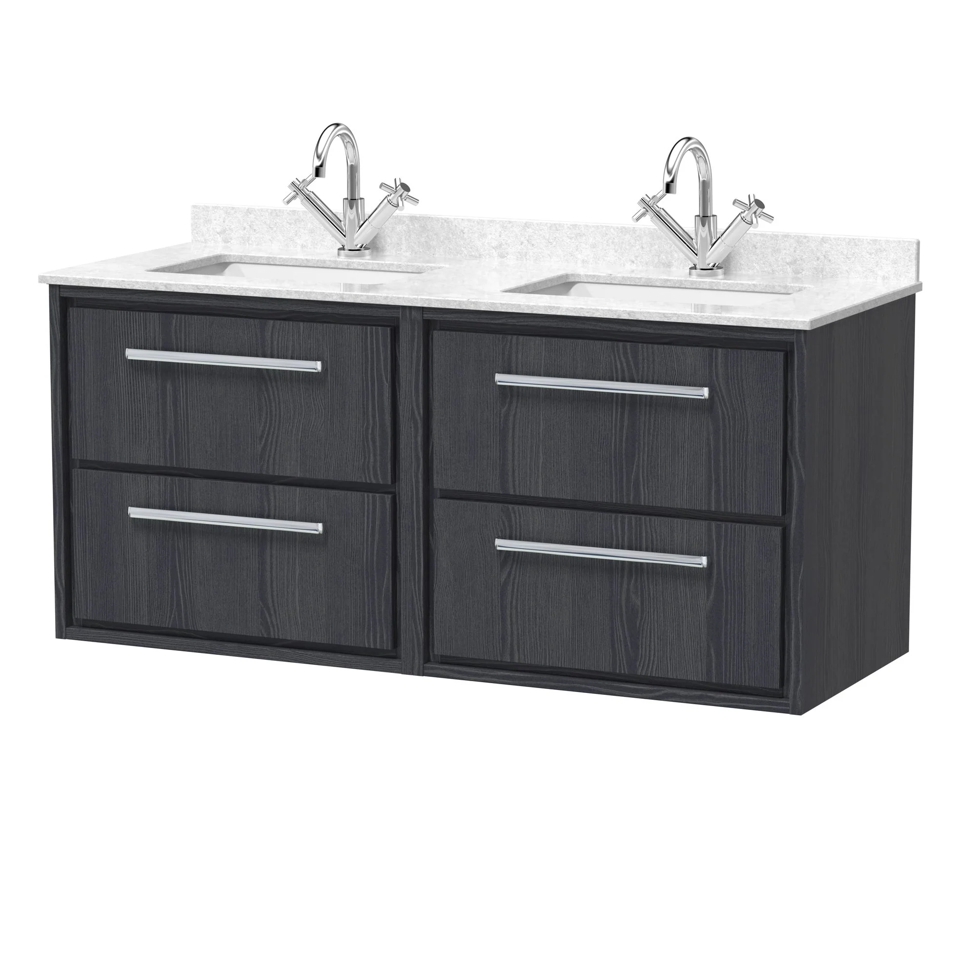 Hudson Reed Lille 1200mm Wall Hung 4-Drawer Vanity Unit with Marble Double Basin - Graphite Grey Woodgrain