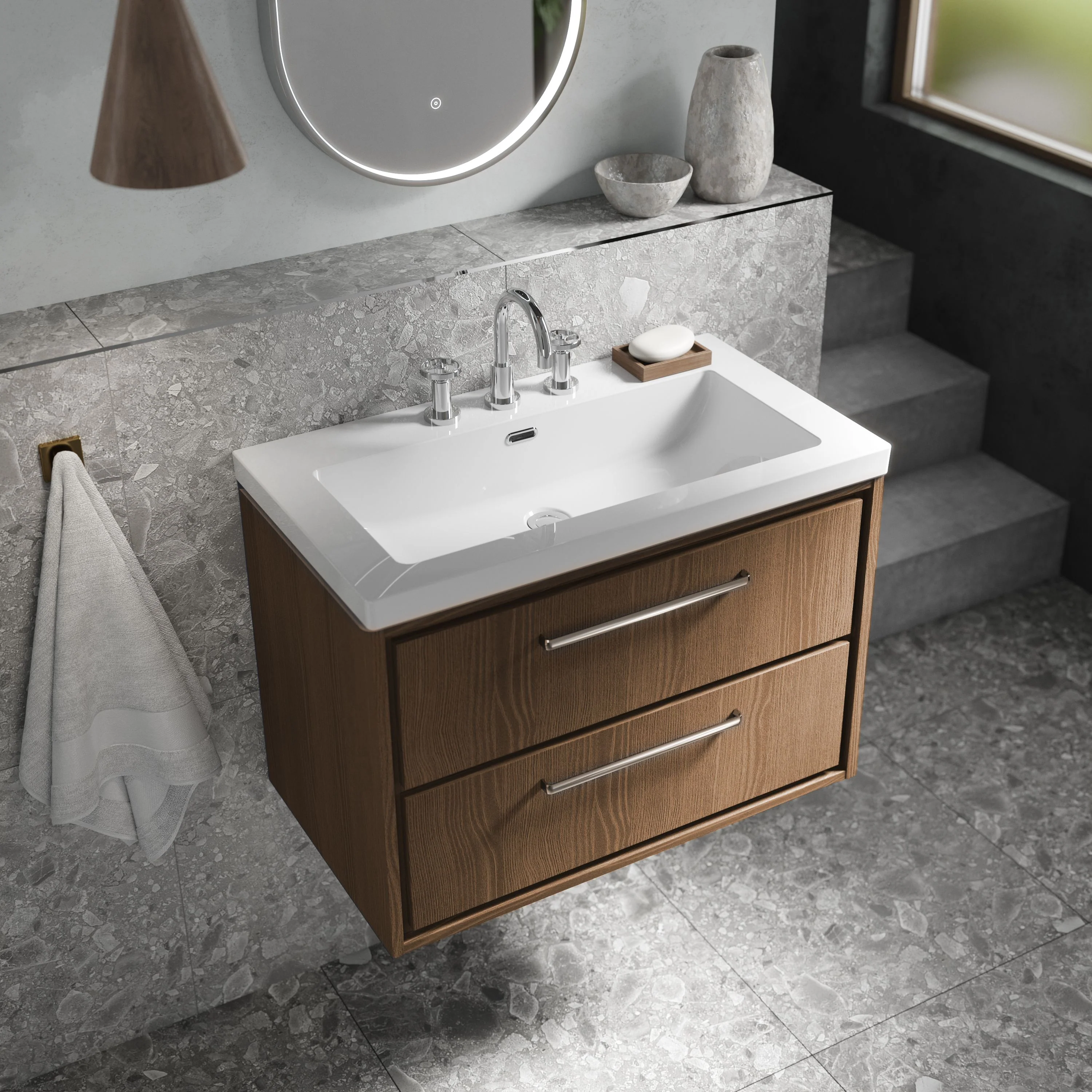 Hudson Reed Lille 800mm Wall Hung 2-Drawer Vanity Unit & Basin - Antique Oak - Image 7