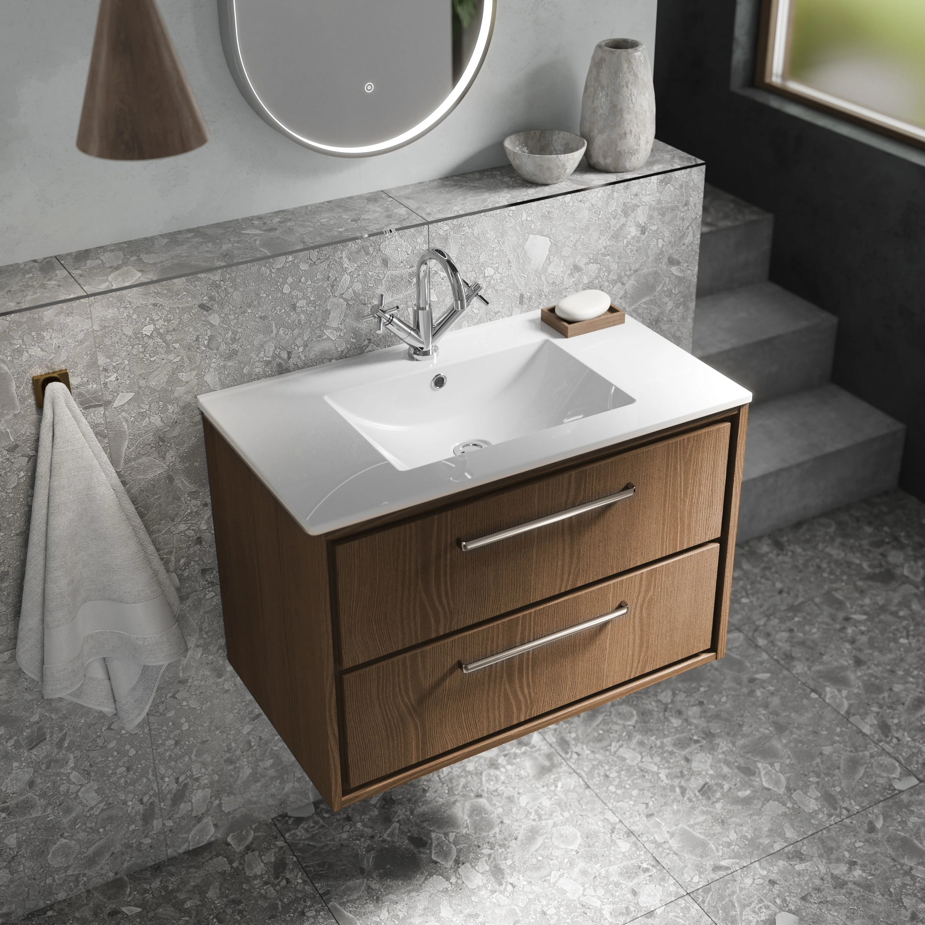 Hudson Reed Lille 800mm Wall Hung 2-Drawer Vanity Unit & Basin - Antique Oak - Image 8