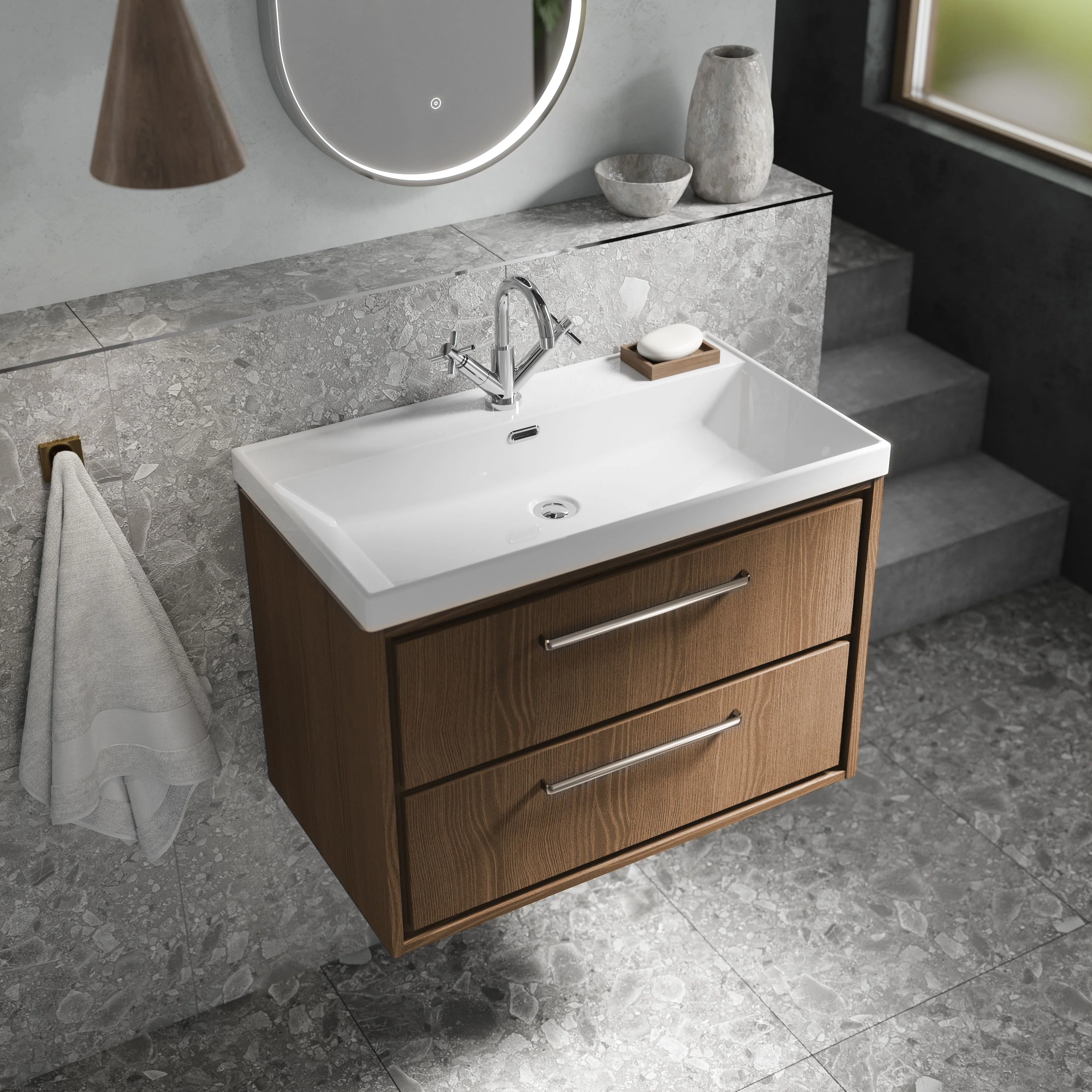Hudson Reed Lille 800mm Wall Hung 2-Drawer Vanity Unit & Basin - Antique Oak - Image 9