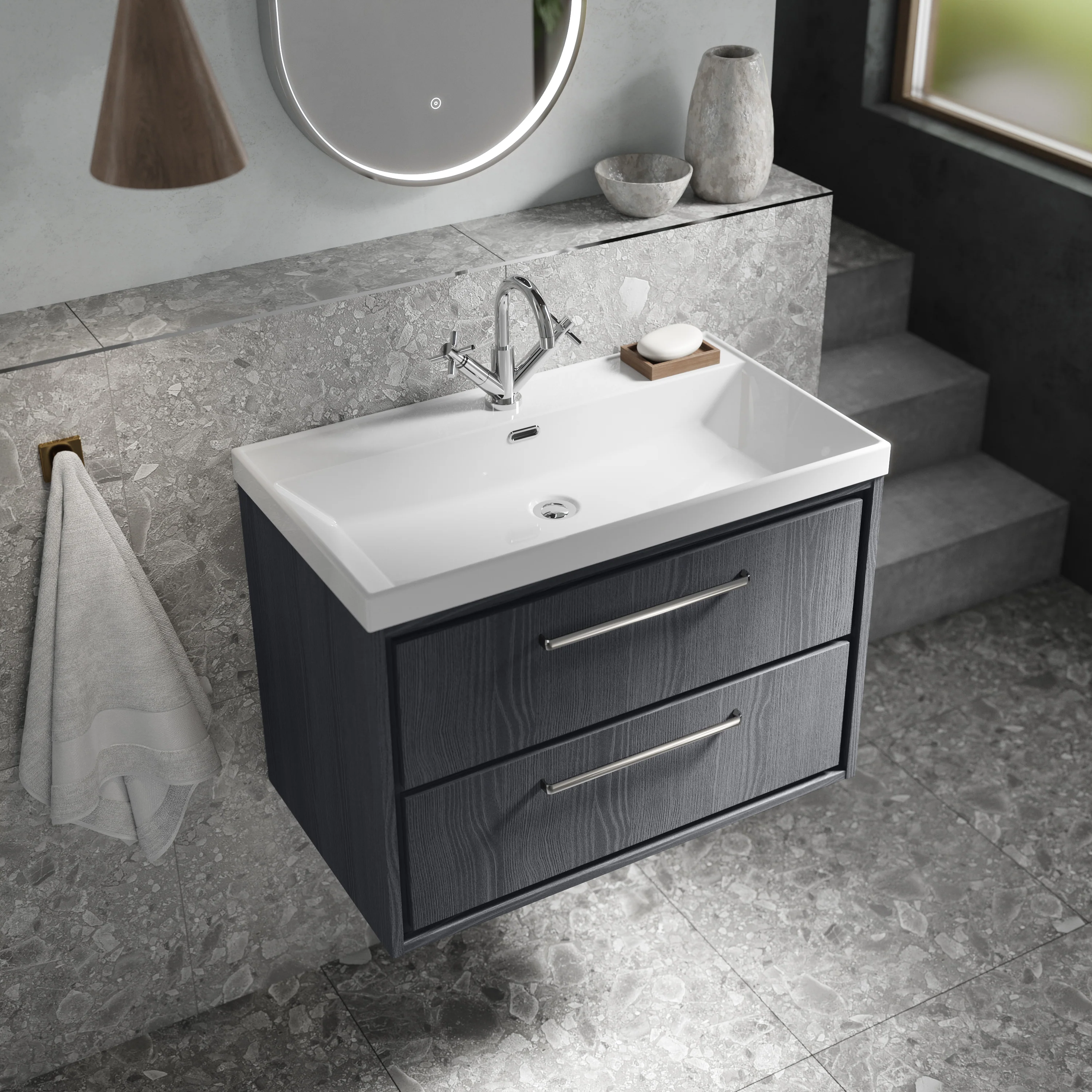 Hudson Reed Lille 800mm Wall Hung 2-Drawer Vanity Unit & Basin - Graphite Grey Woodgrain