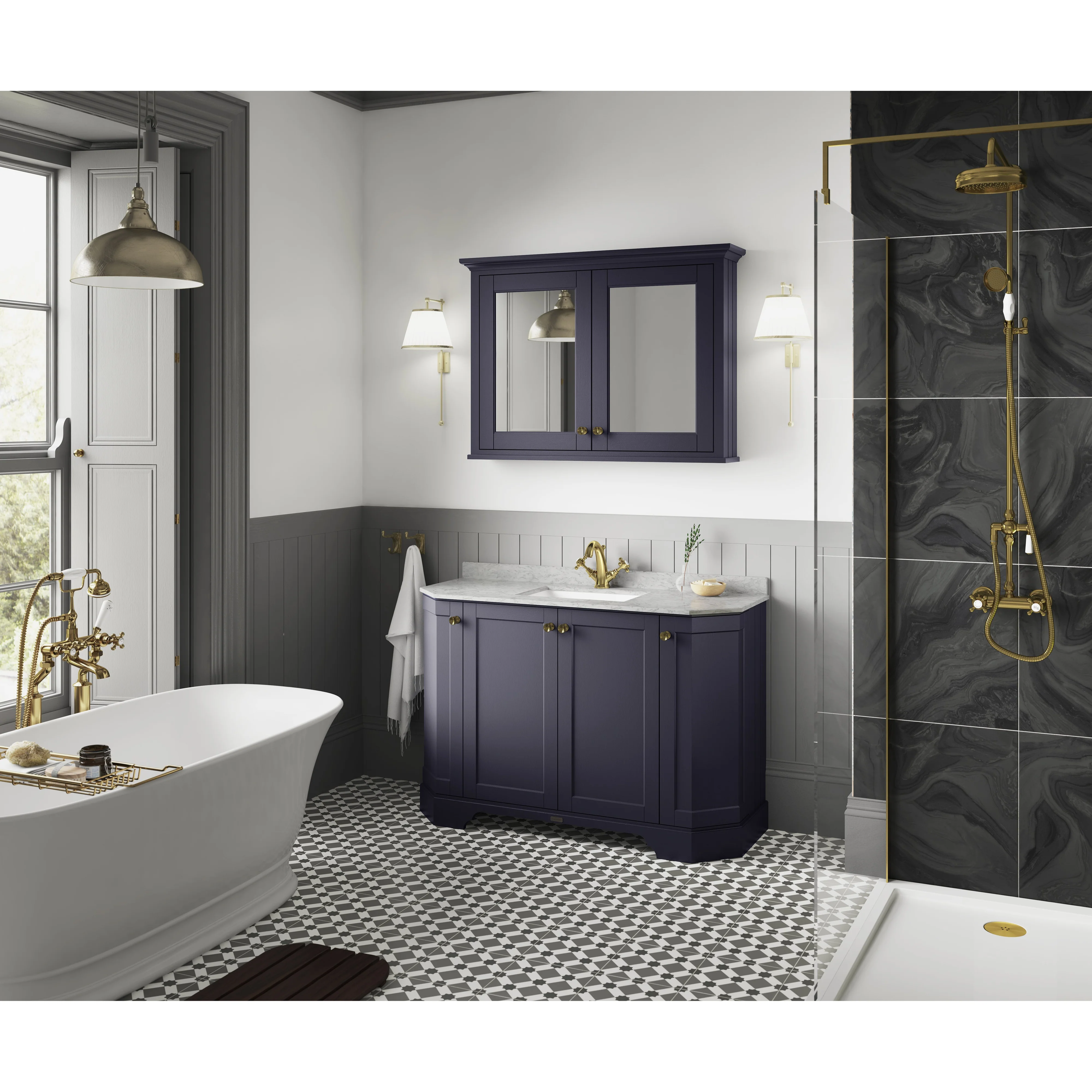 Hudson Reed Old London 1200mm 4-Door Angled Unit & Grey Marble Top 1TH - Twilight Blue - Image 2