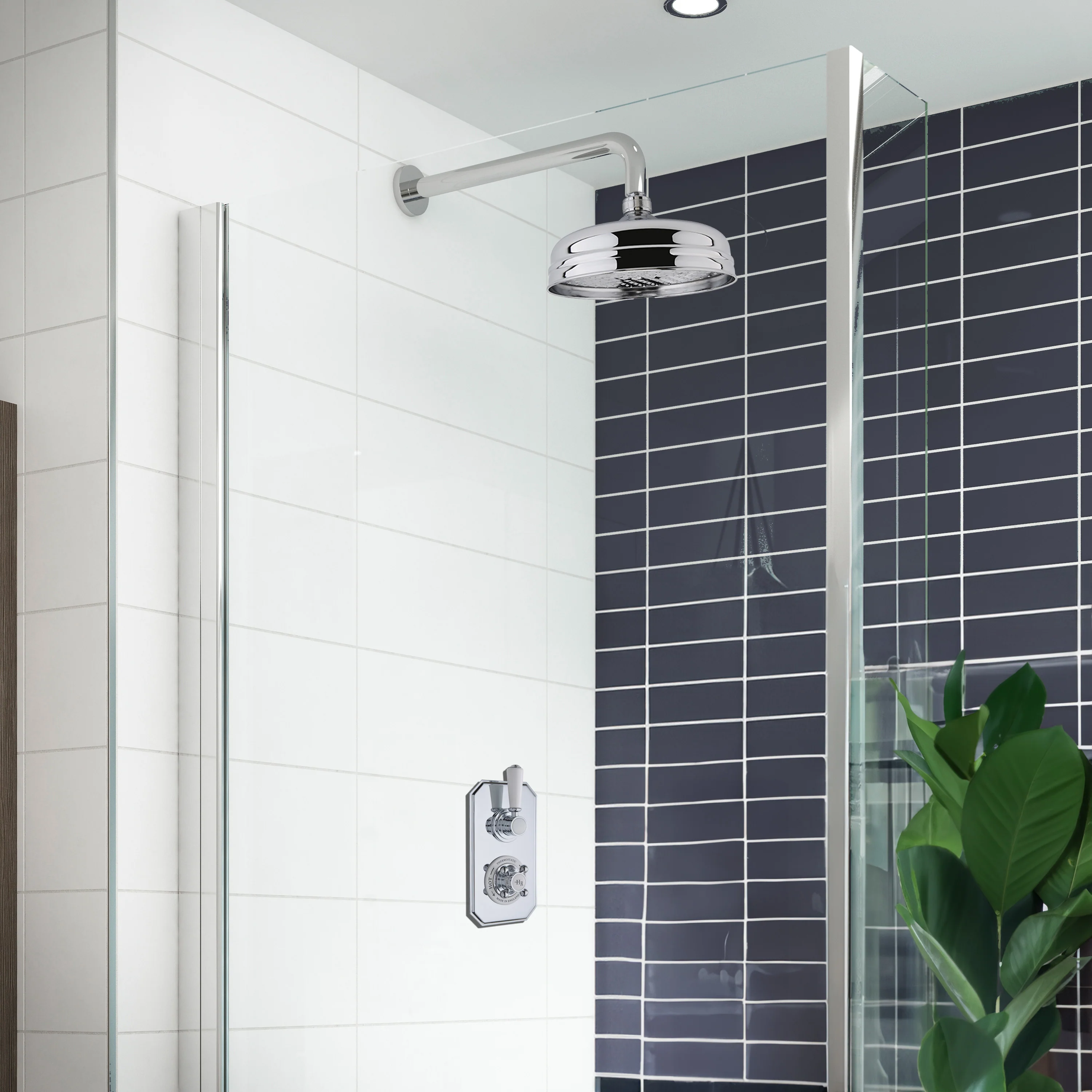 Hudson Reed Topaz White Thermostatic Shower Valve with Fixed Head Shower Arm & Rose - Chrome - Image 3